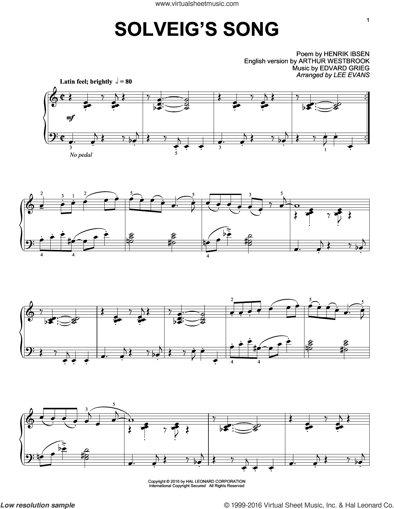 Grieg Solveigs Song Sheet Music For Piano Solo Pdf - 