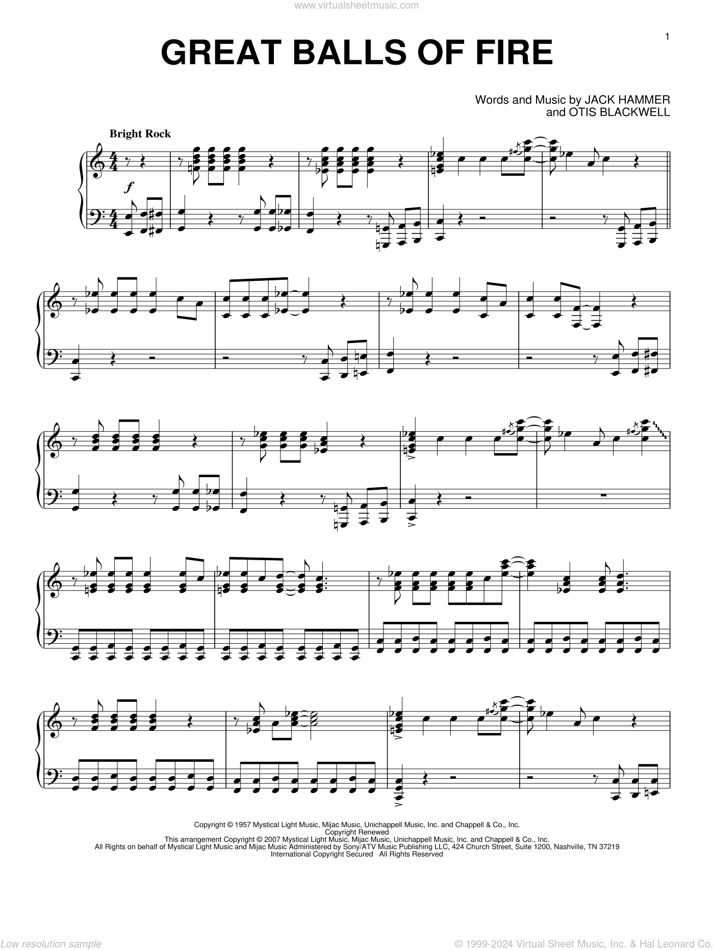 Great Balls Of Fire intermediate Sheet Music For Piano Solo