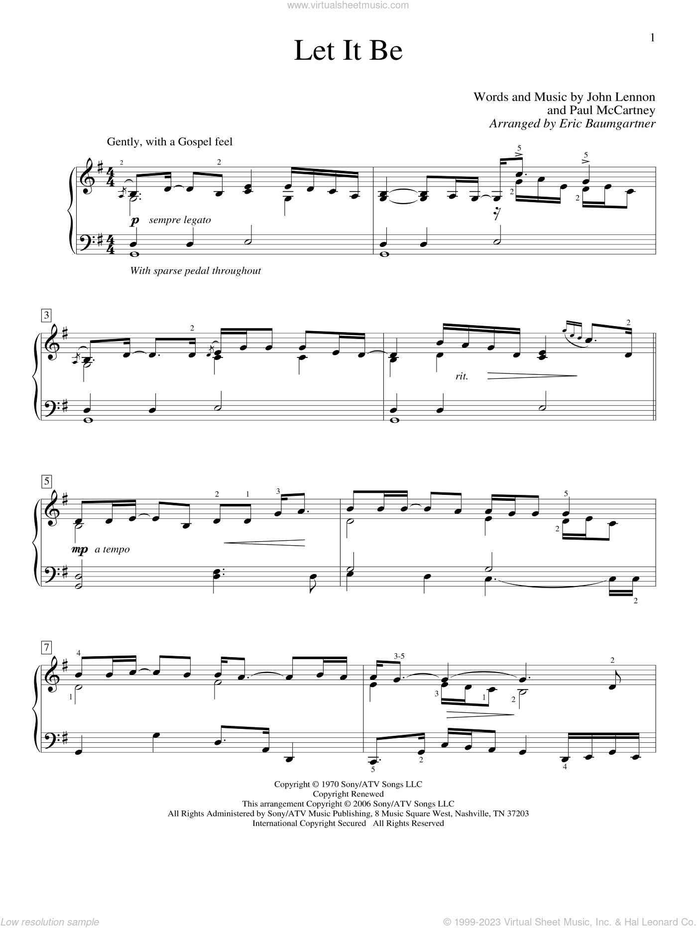 Let It Be sheet music for piano solo (elementary) (PDF)