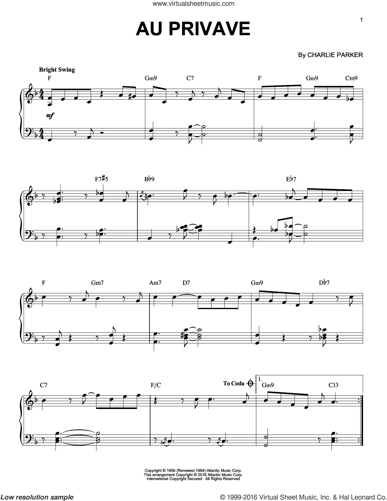 Parker Au Privave Arr Brent Edstrom Sheet Music For Piano Solo