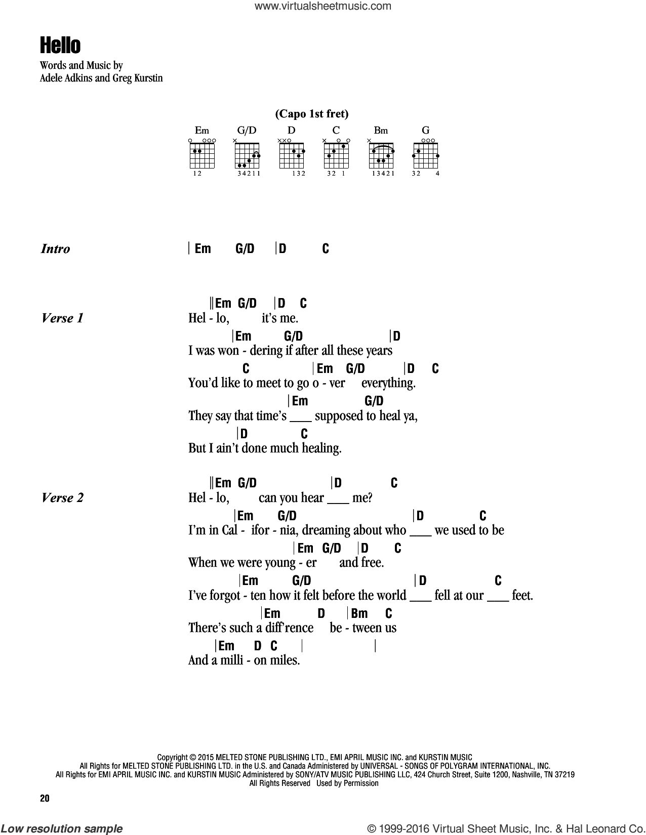 Adele - Hello sheet music for guitar (chords) [PDF]