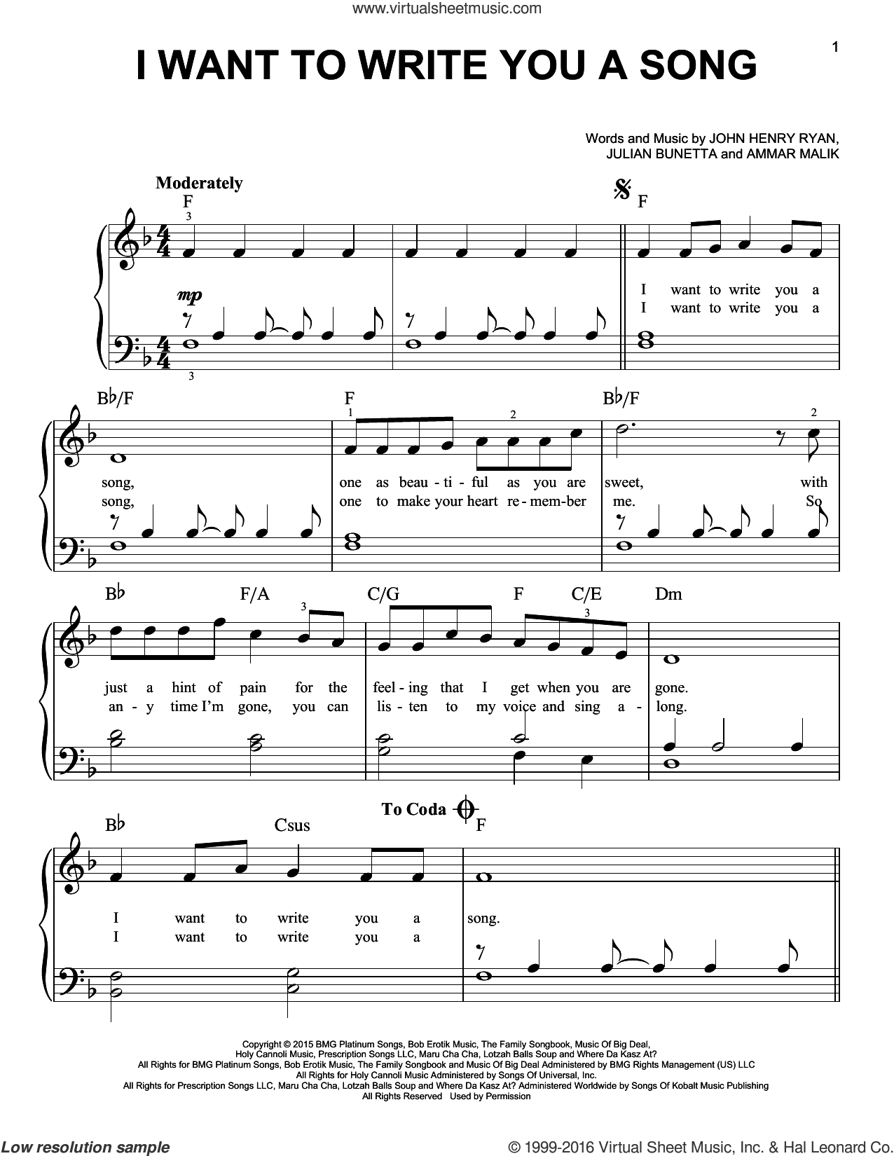 Direction I Want To Write You A Song Sheet Music For Piano Solo