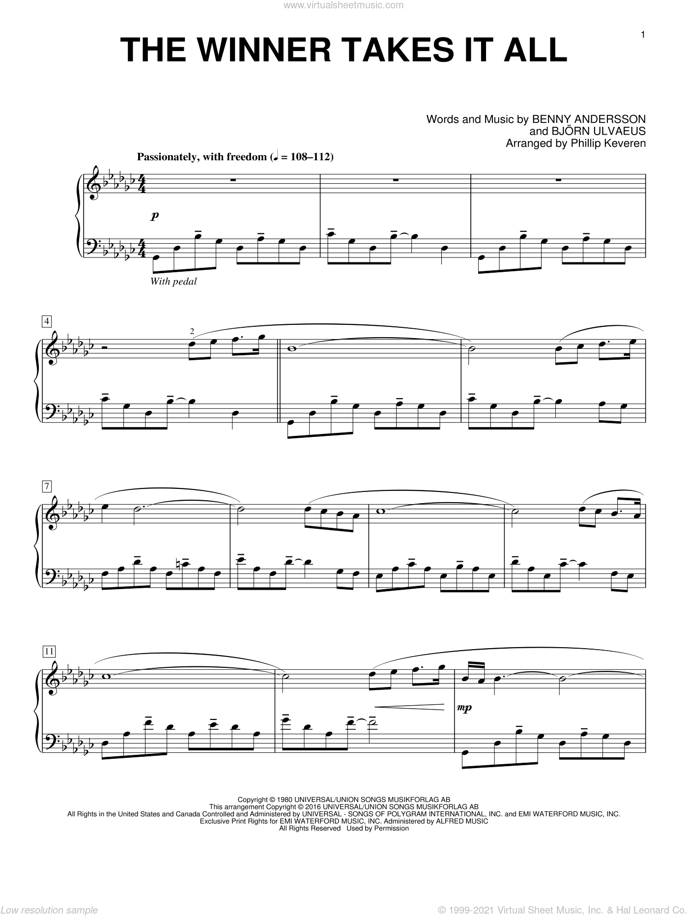 Andersson The Winner Takes It All Sheet Music For Piano Solo