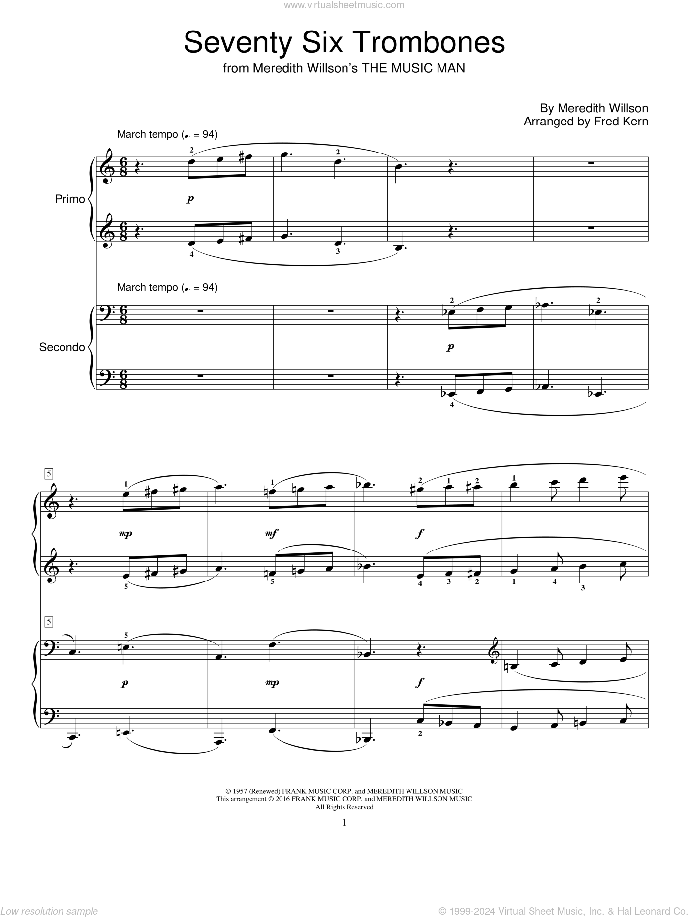 Seventy Six Trombones sheet music for piano four hands (PDF)