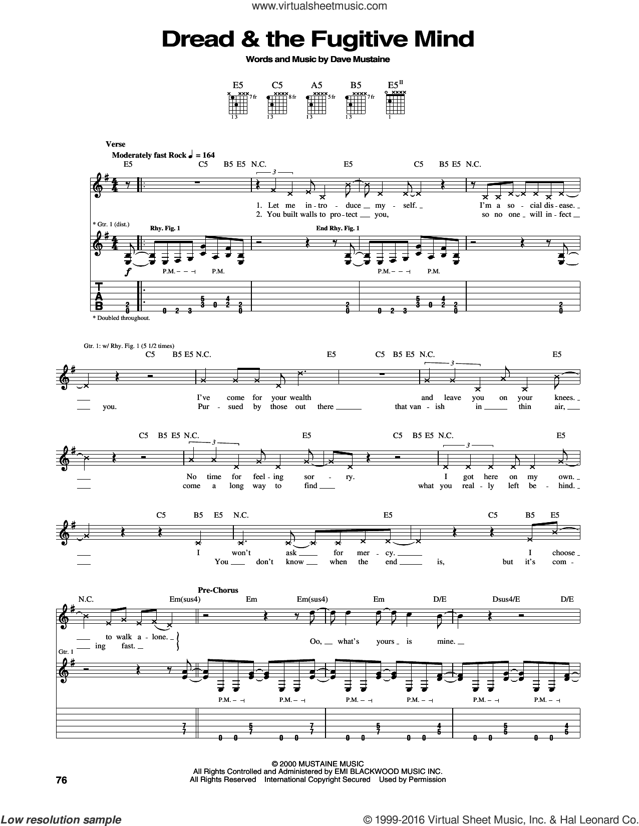 Dread and The Fugitive Mind sheet music for guitar (tablature)