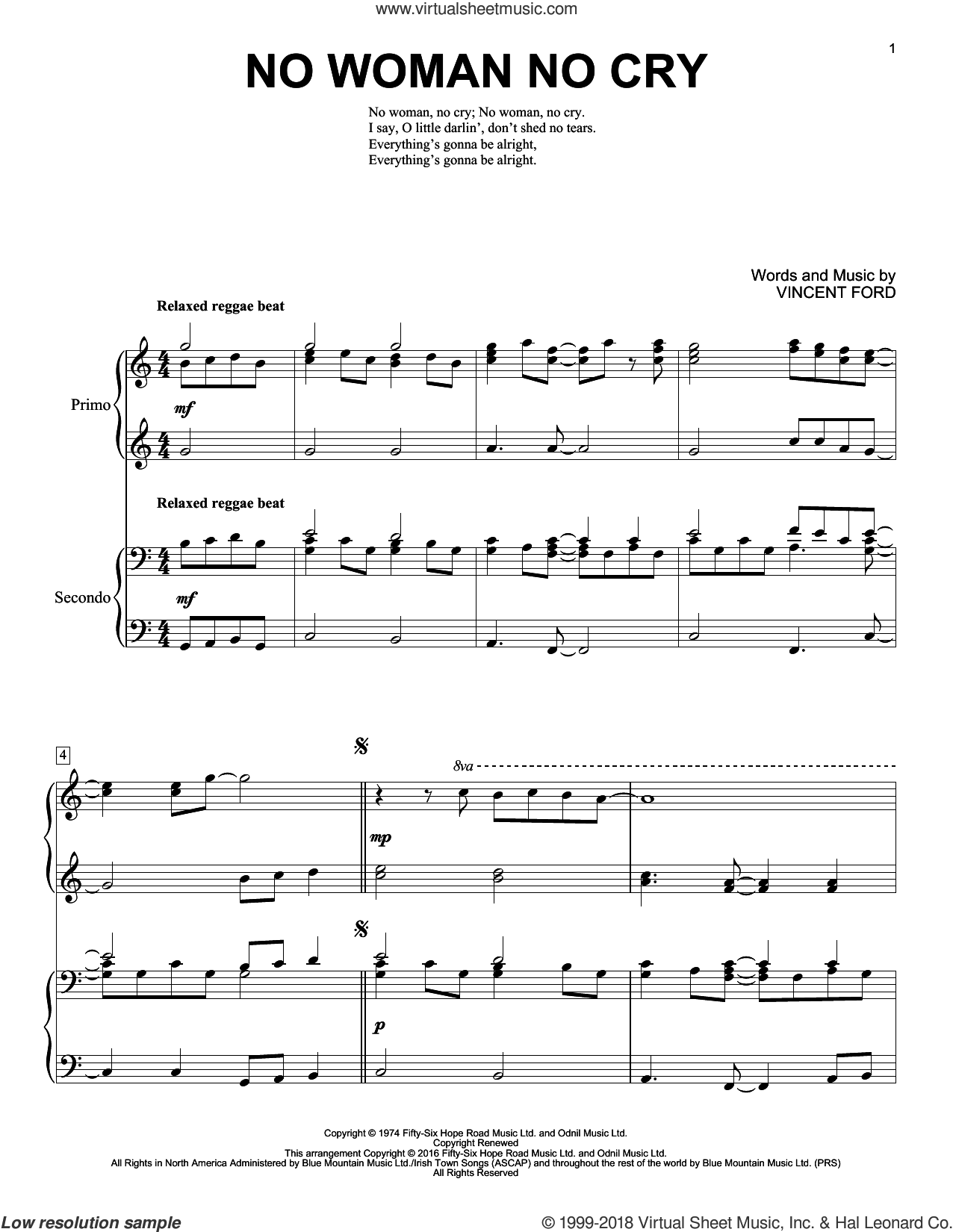☆ Bob Marley-No Woman No Cry Sheet Music pdf, - Free Score