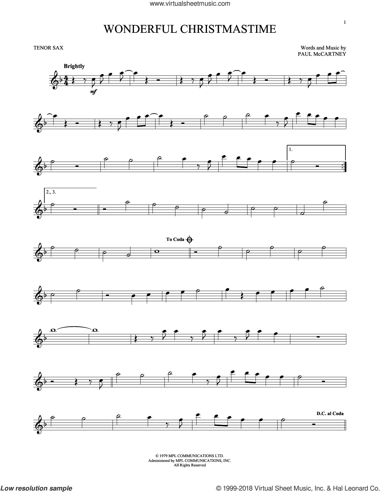Wonderful Christmastime sheet music for tenor saxophone solo