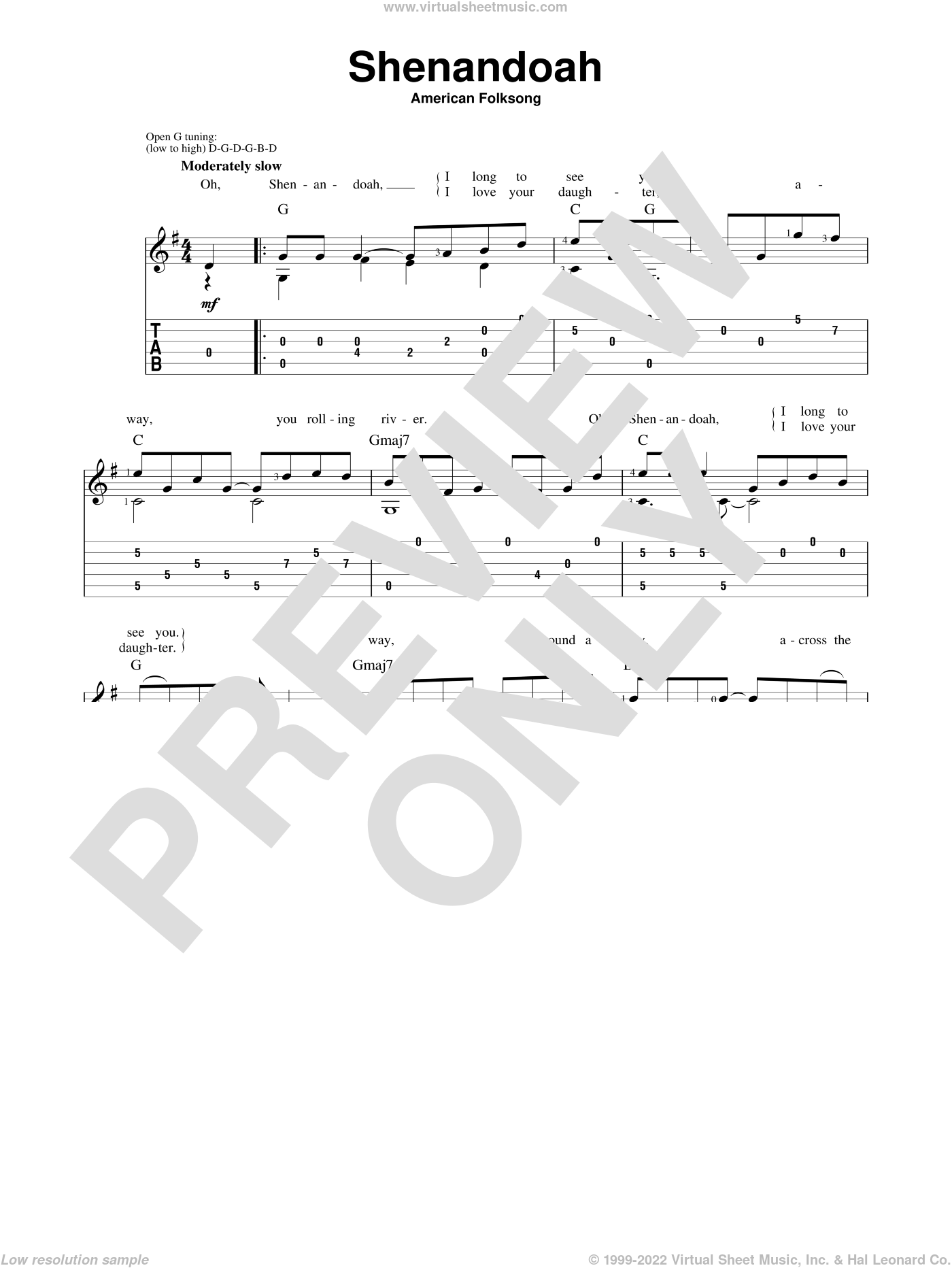 Shenandoah for Voice or Guitar, with Free Lead Sheets and Guitar Tabs