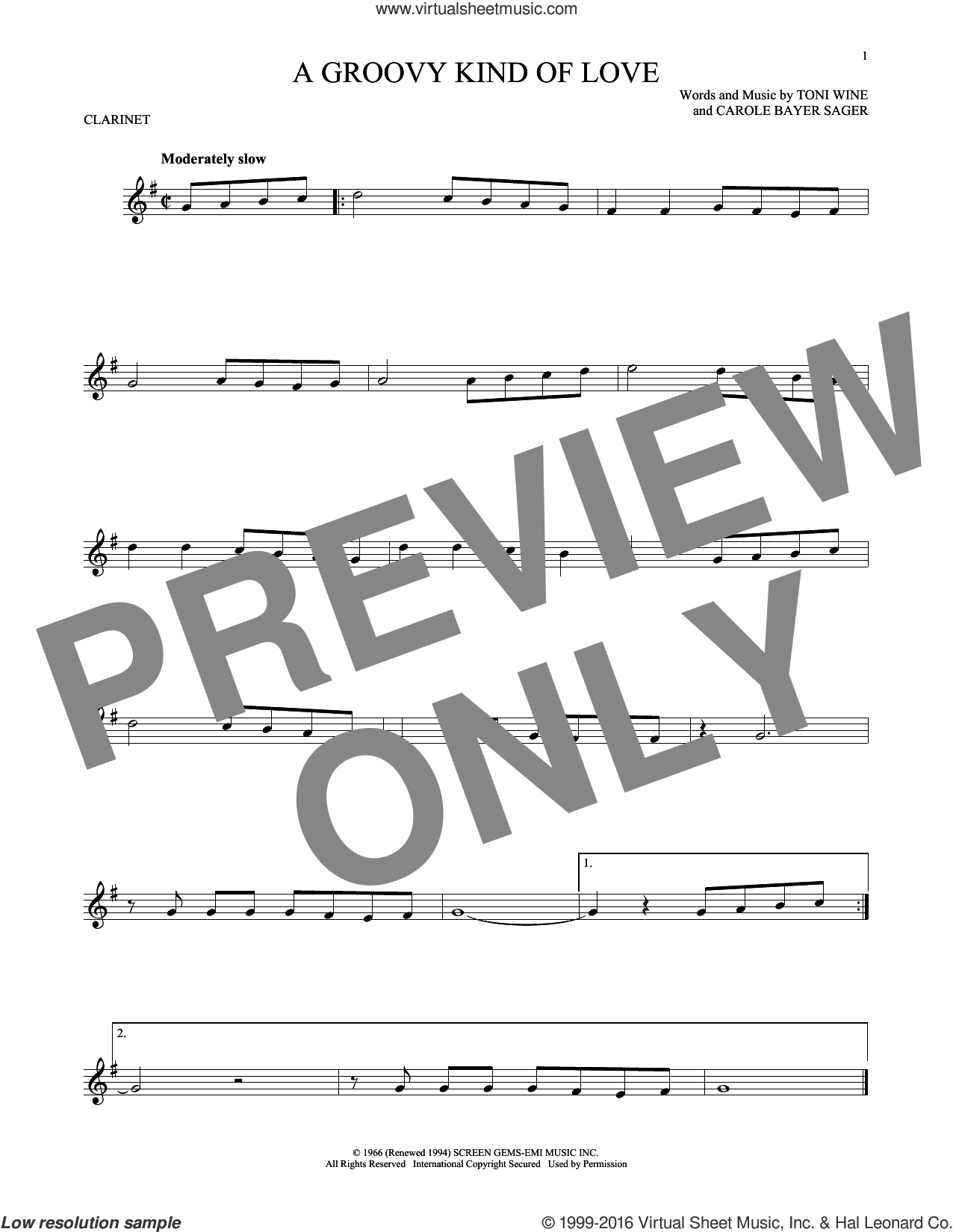 Collins A Groovy Kind Of Love Sheet Music For Clarinet Solo