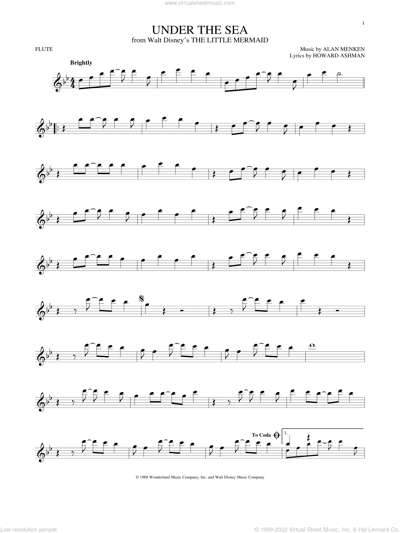Ashman Under The Sea From The Little Mermaid Sheet Music For Flute Solo