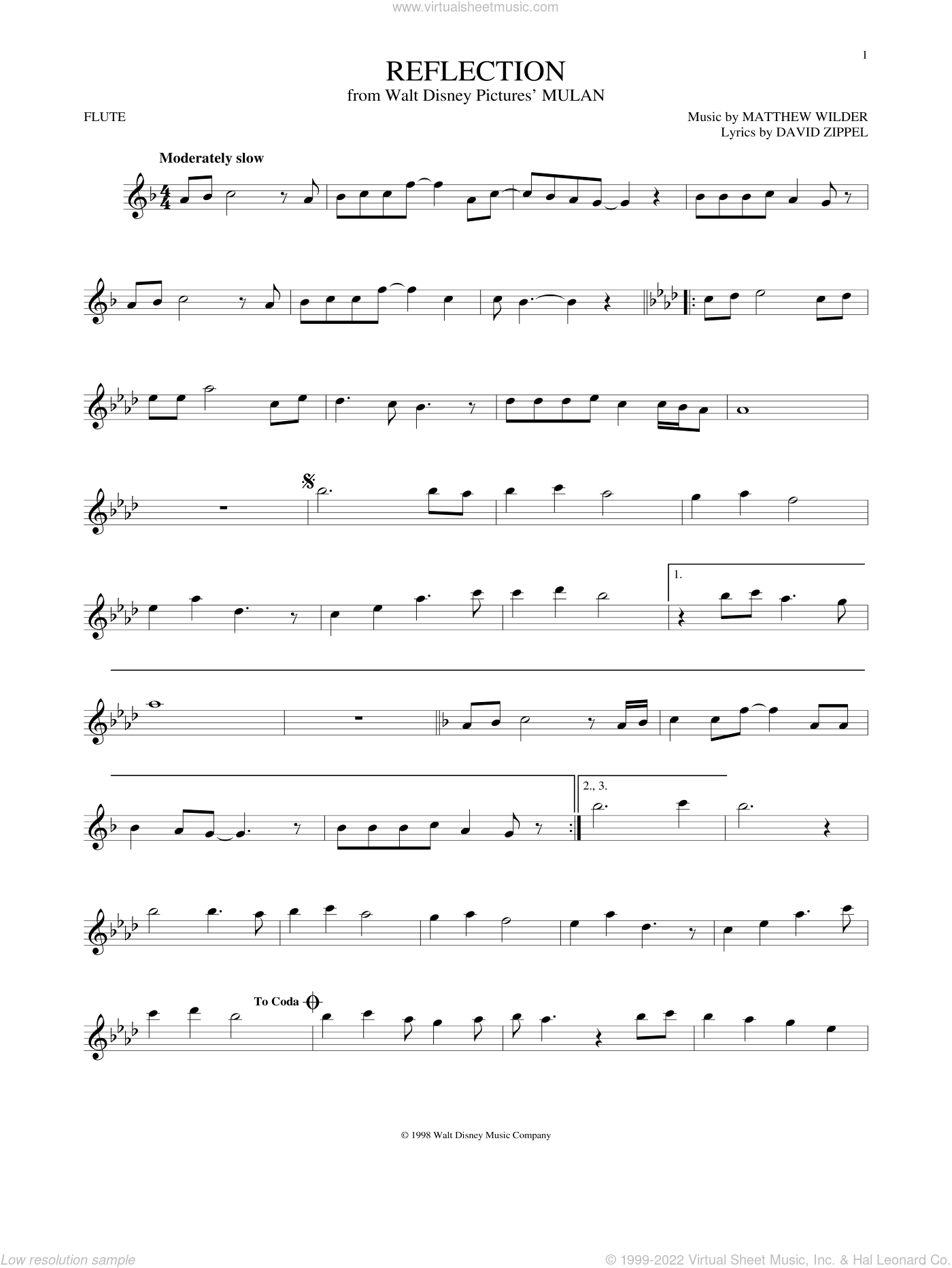 Reflection Pop Version From Mulan Sheet Music For Flute Solo 