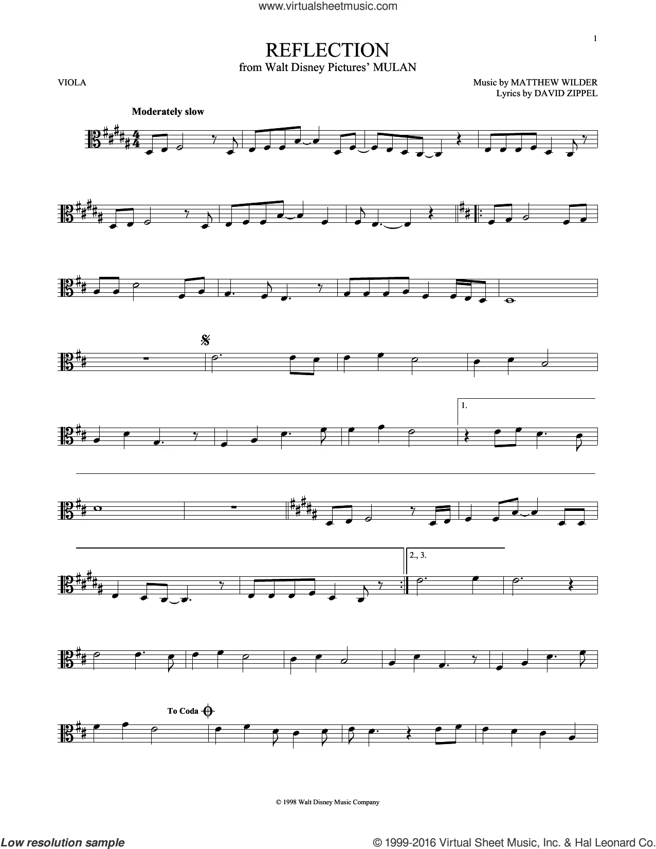 Download Digital Sheet Music Of Reflection For Viola