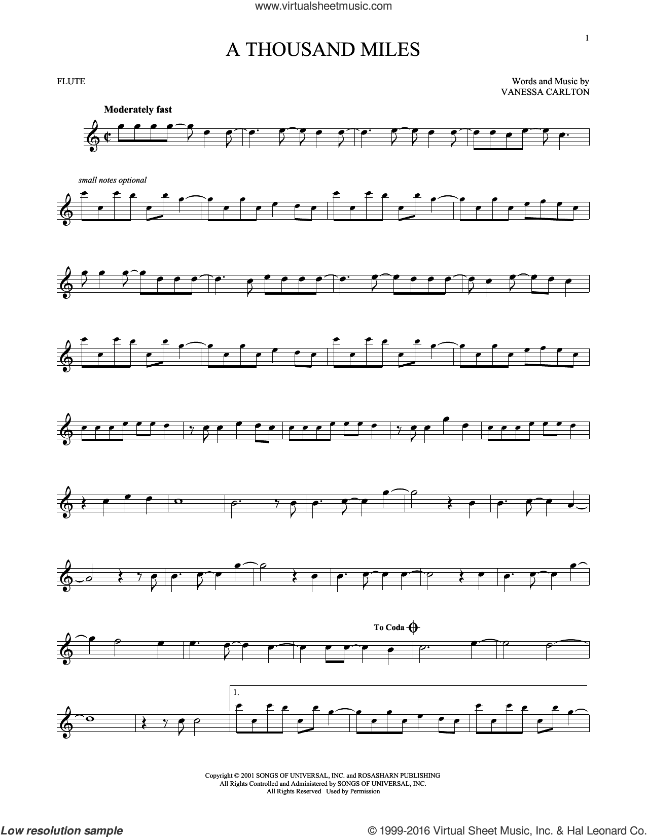 Carlton - A Thousand Miles sheet music for flute solo (PDF)
