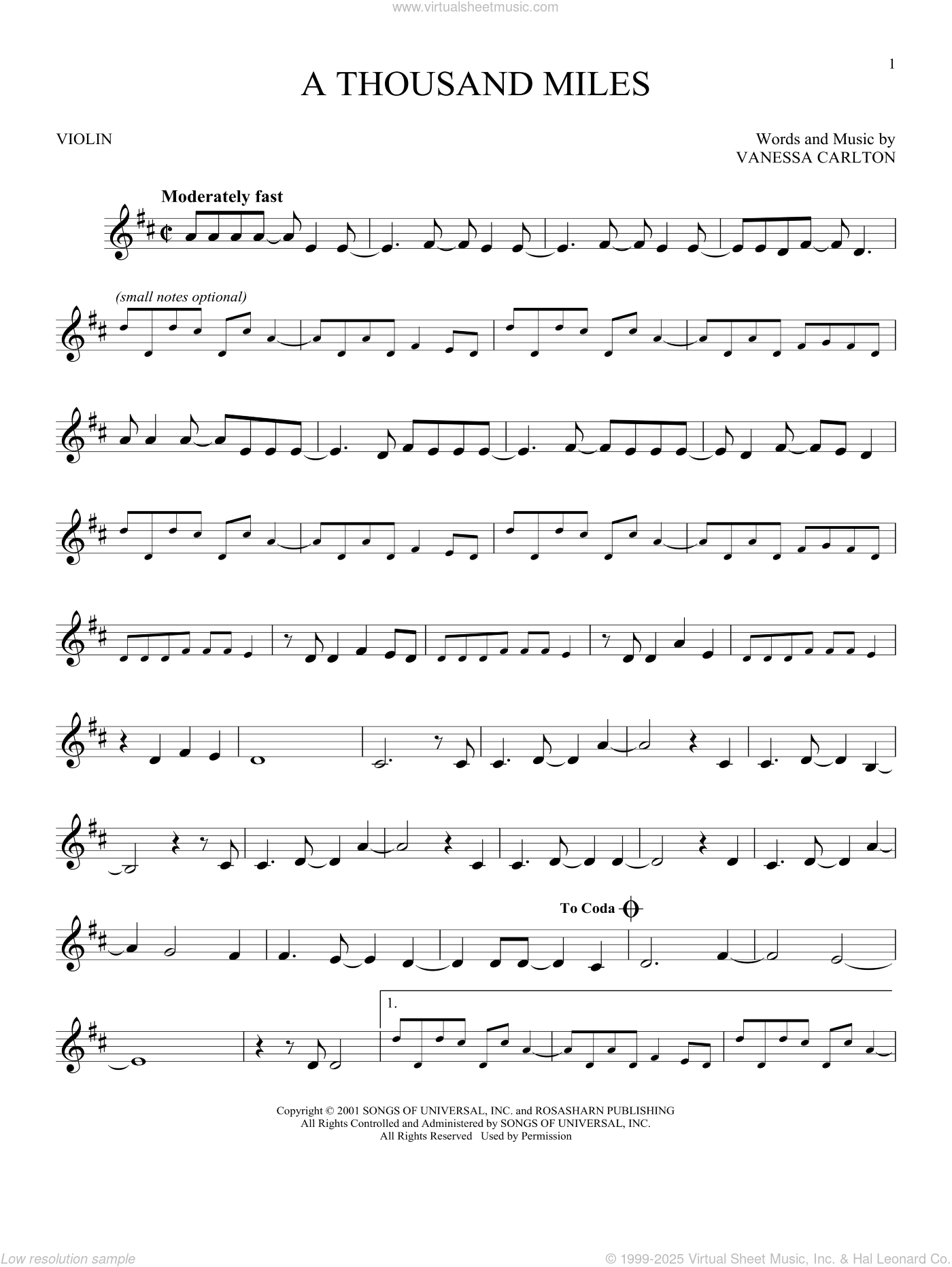 A Thousand Miles sheet music for violin solo (PDF-interactive)