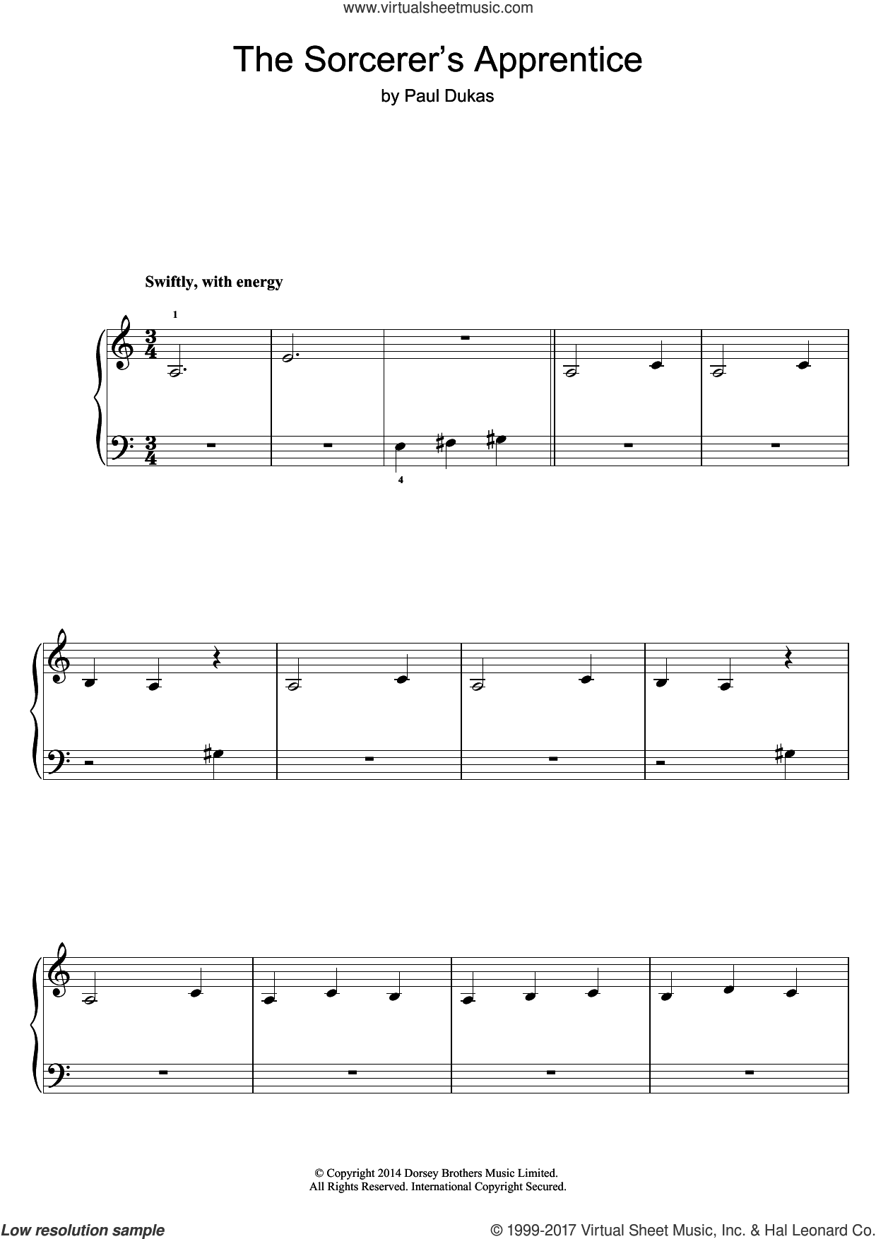 Dukas The Sorcerer's Apprentice sheet music (easy) for piano solo