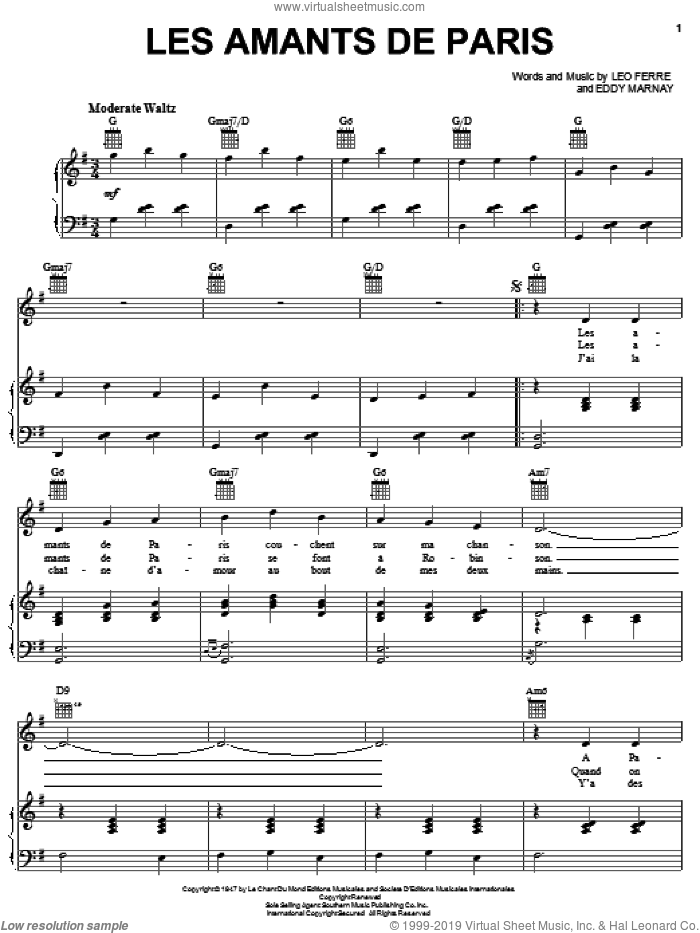 Les Amants De Paris sheet music for voice, piano or guitar (PDF)