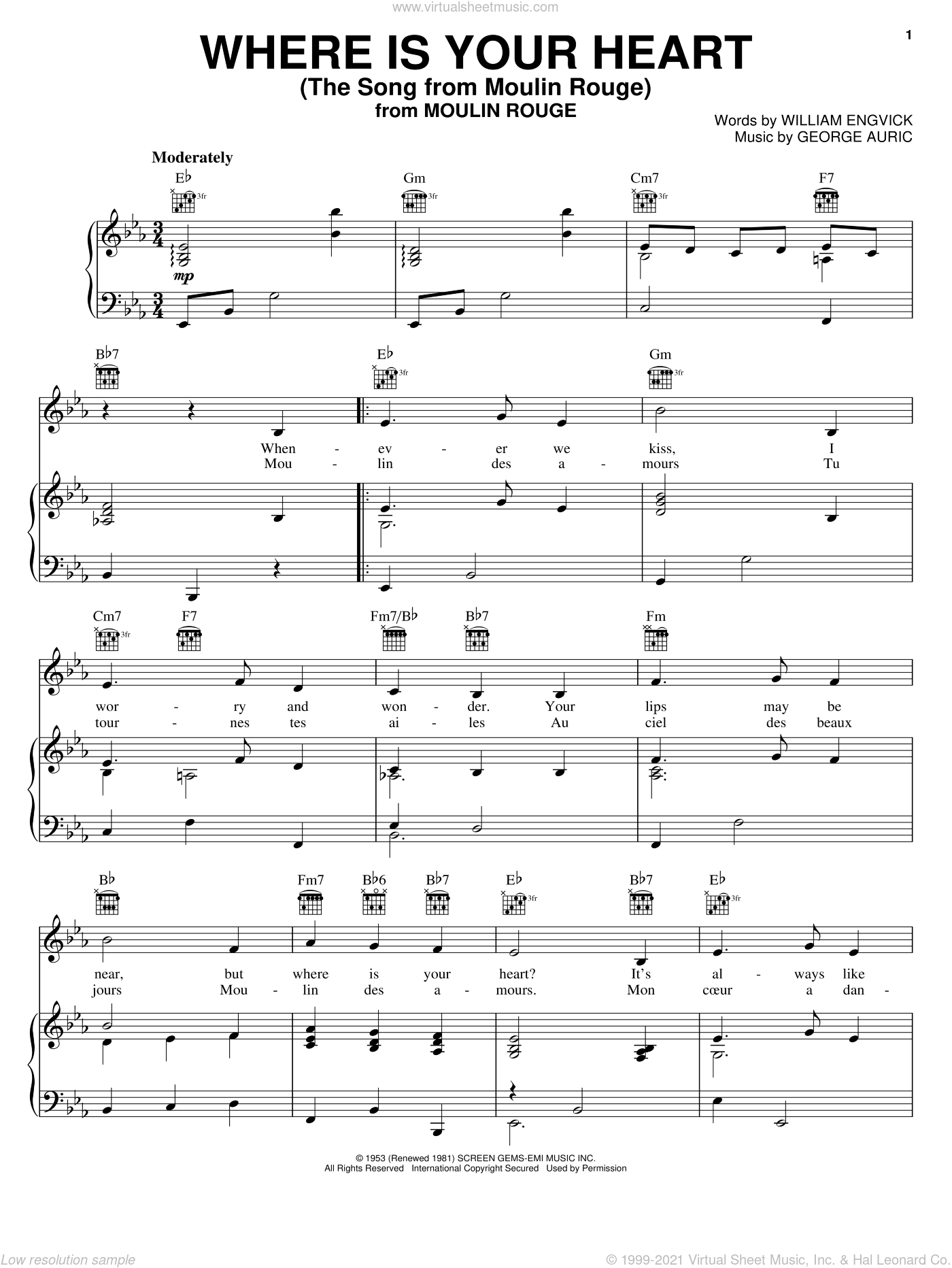 Where Is Your Heart (The Song From Moulin Rouge) sheet music for voice,  piano or guitar