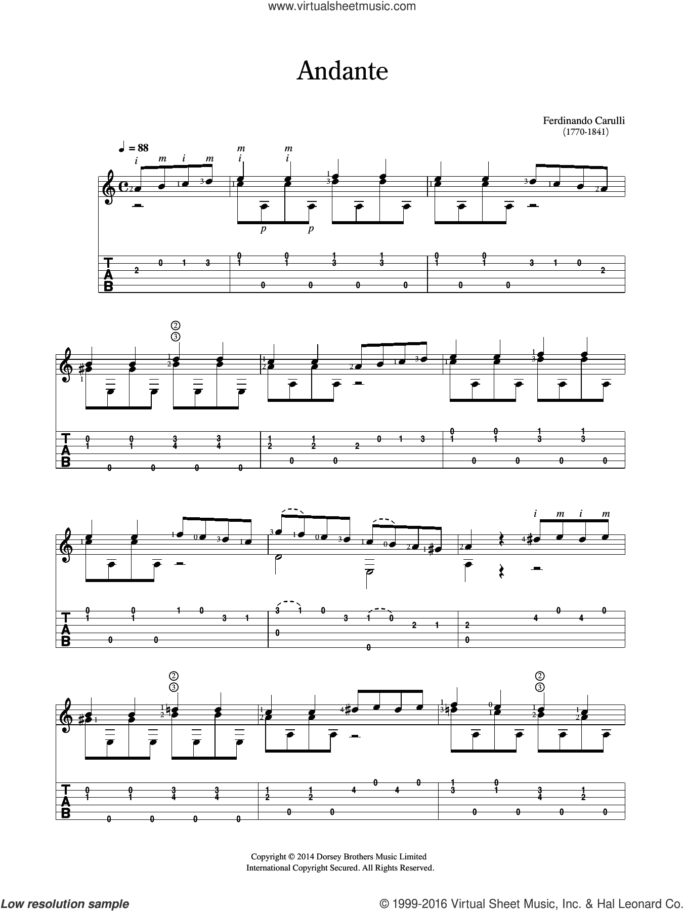 Carulli - Andante sheet music for guitar solo (chords) (PDF)