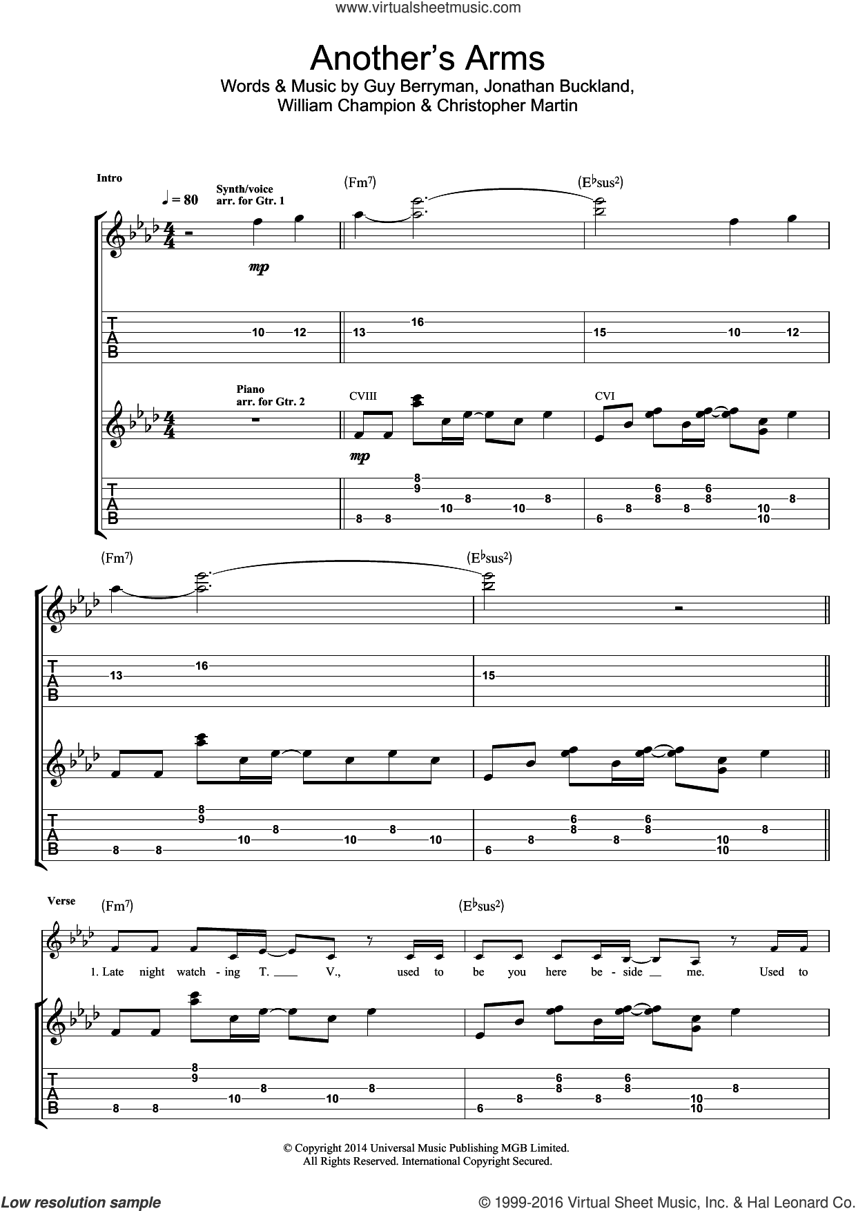 Coldplay - Another's Arms sheet music for guitar (tablature)