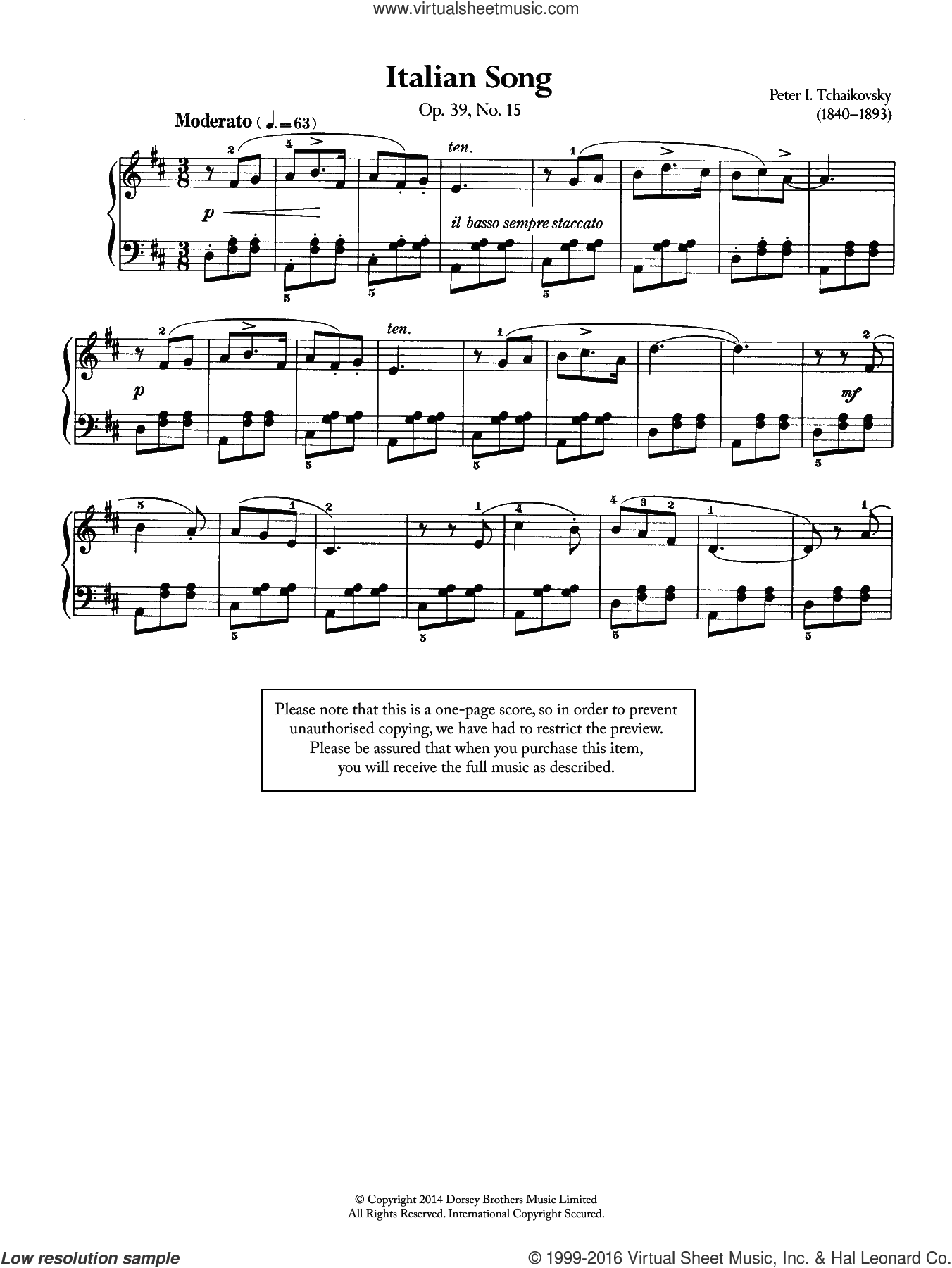 Tchaikovsky Italian Song Op 39 No 15 Sheet Music For Piano Solo