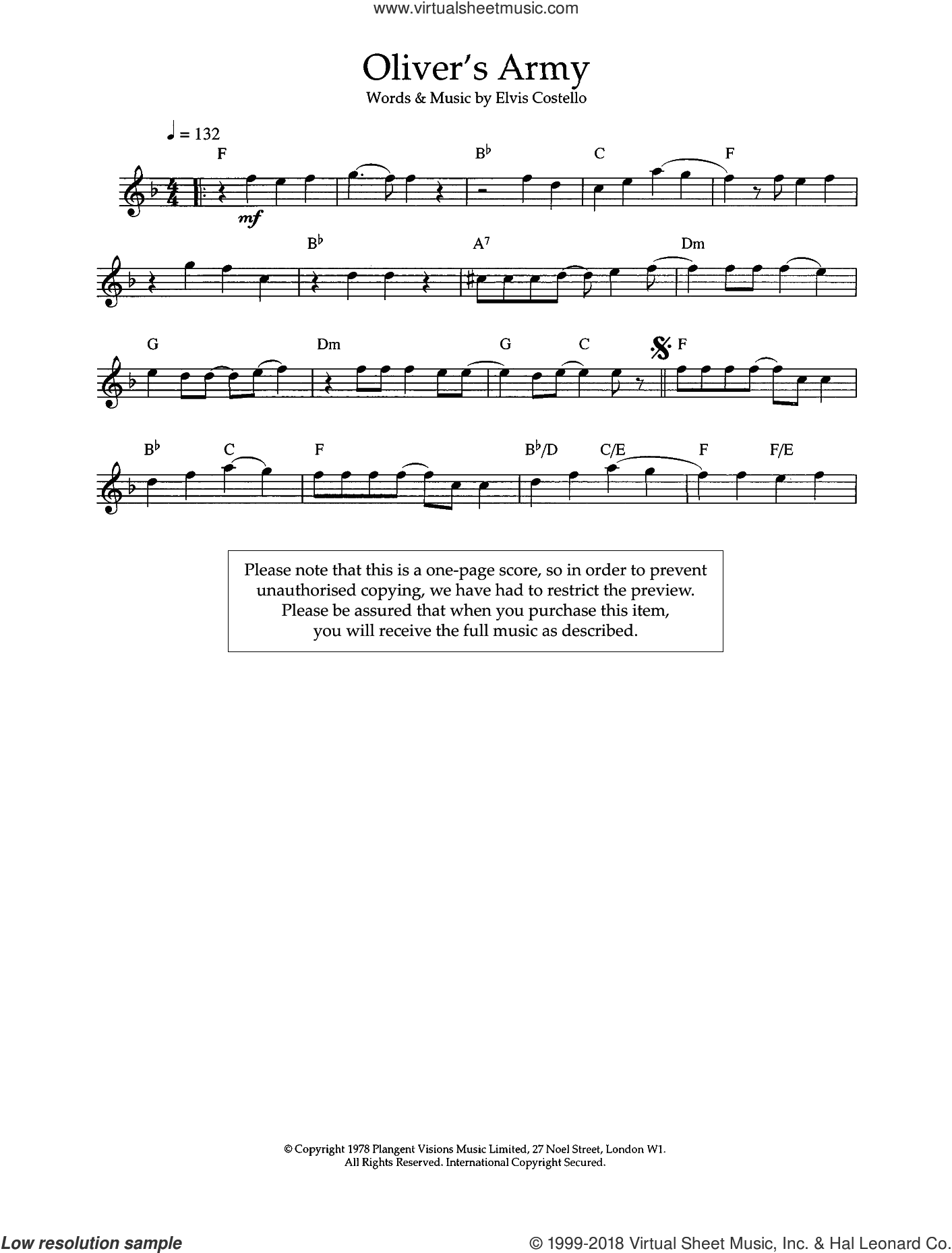 Costello Oliver's Army sheet music for flute solo (PDF)
