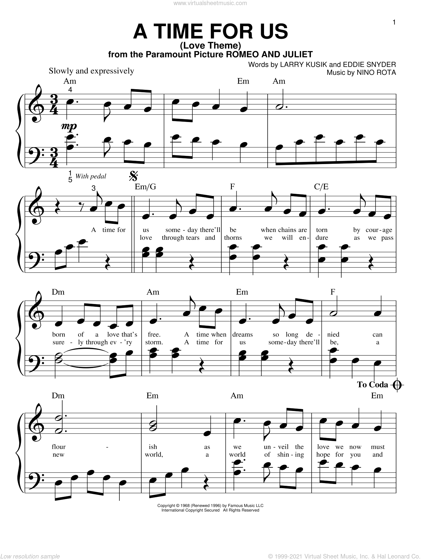 Rota - A Time For Us (Love Theme) sheet music for piano solo (big note