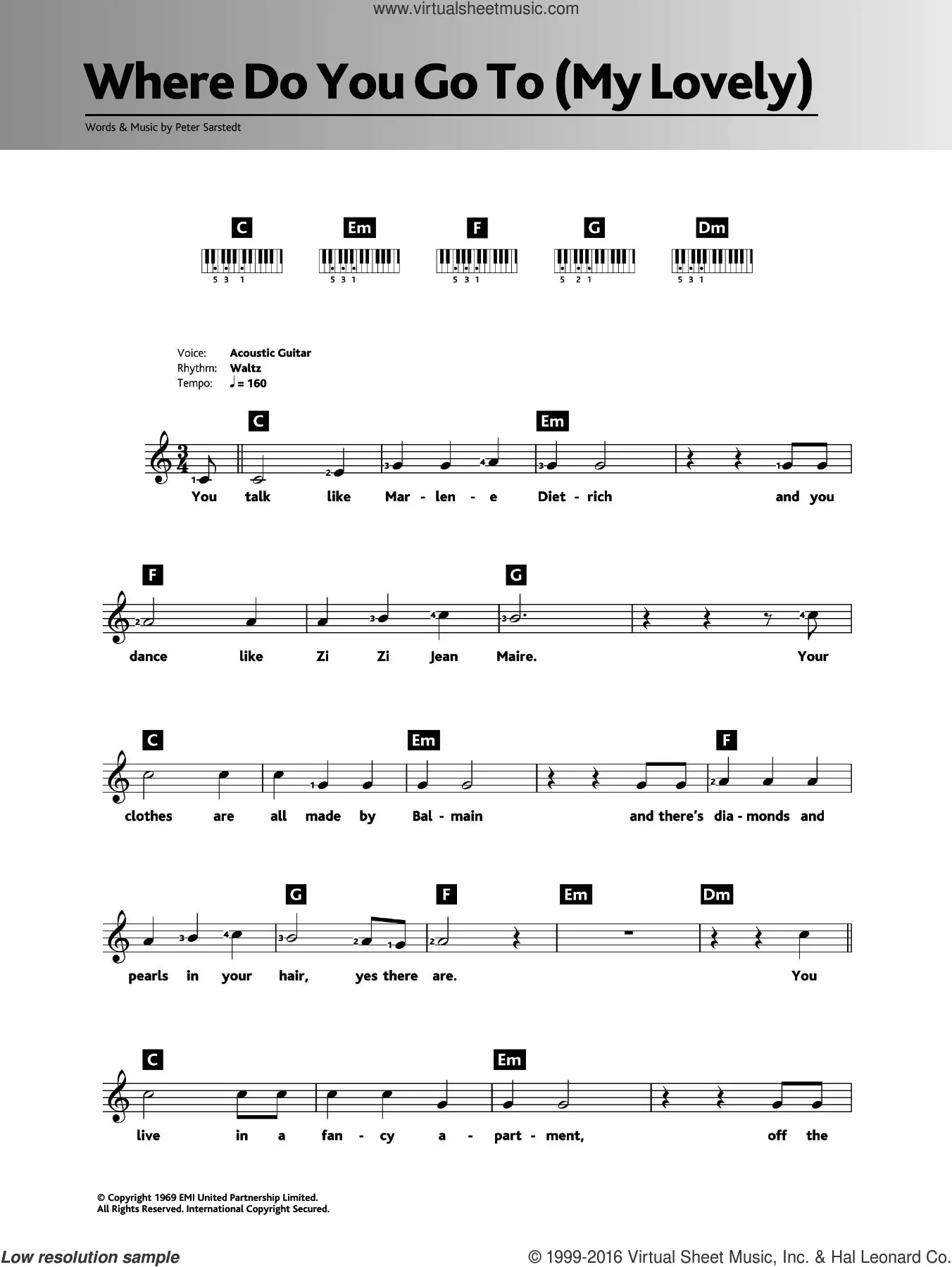 Song Where Do You Go To My Lovely by Peter Sarstedt, song lyric for vocal  performance plus accompaniment chords for Ukulele, Guitar, Banjo etc.