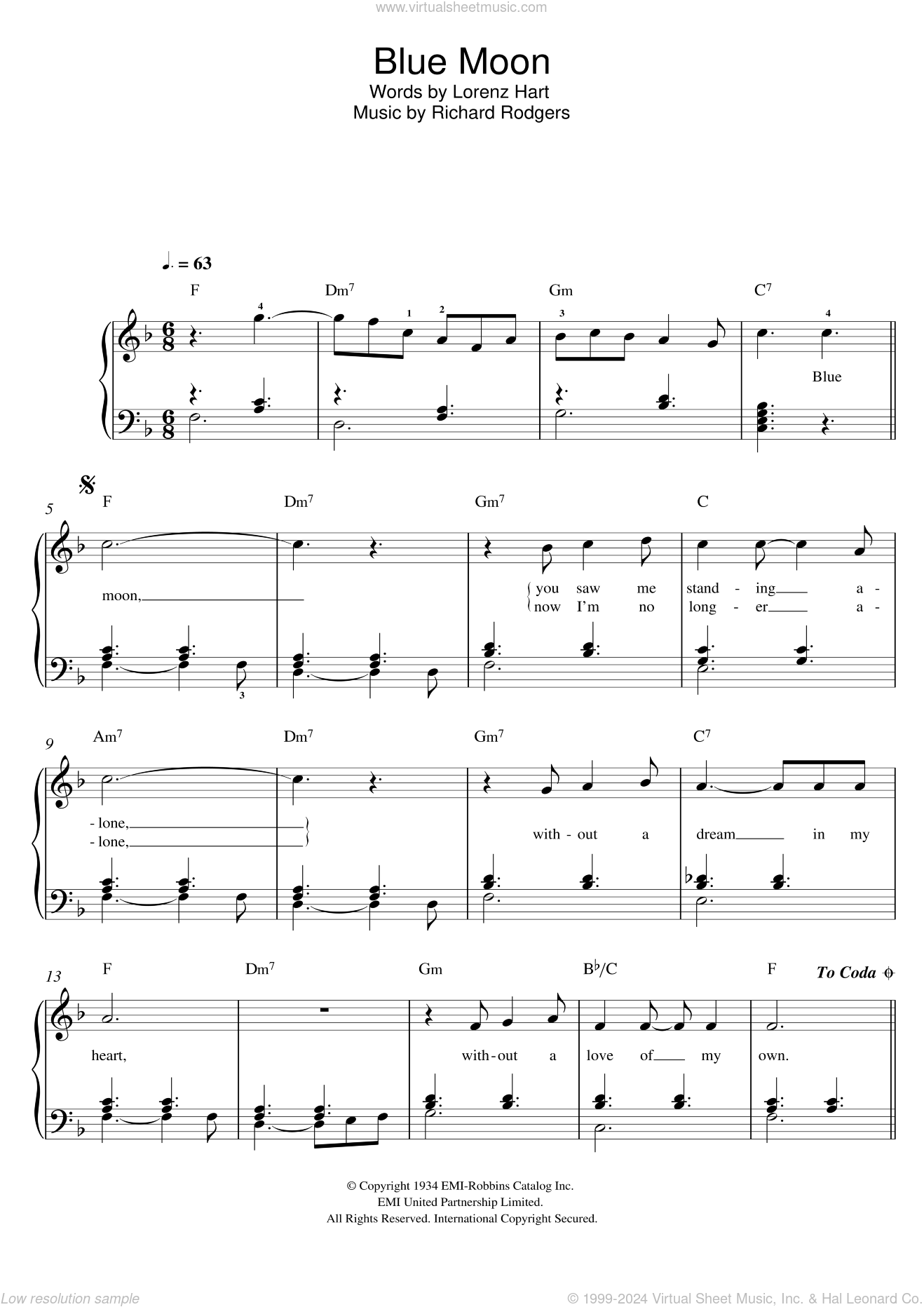 Blue Moon sheet music for piano solo (PDF) v2