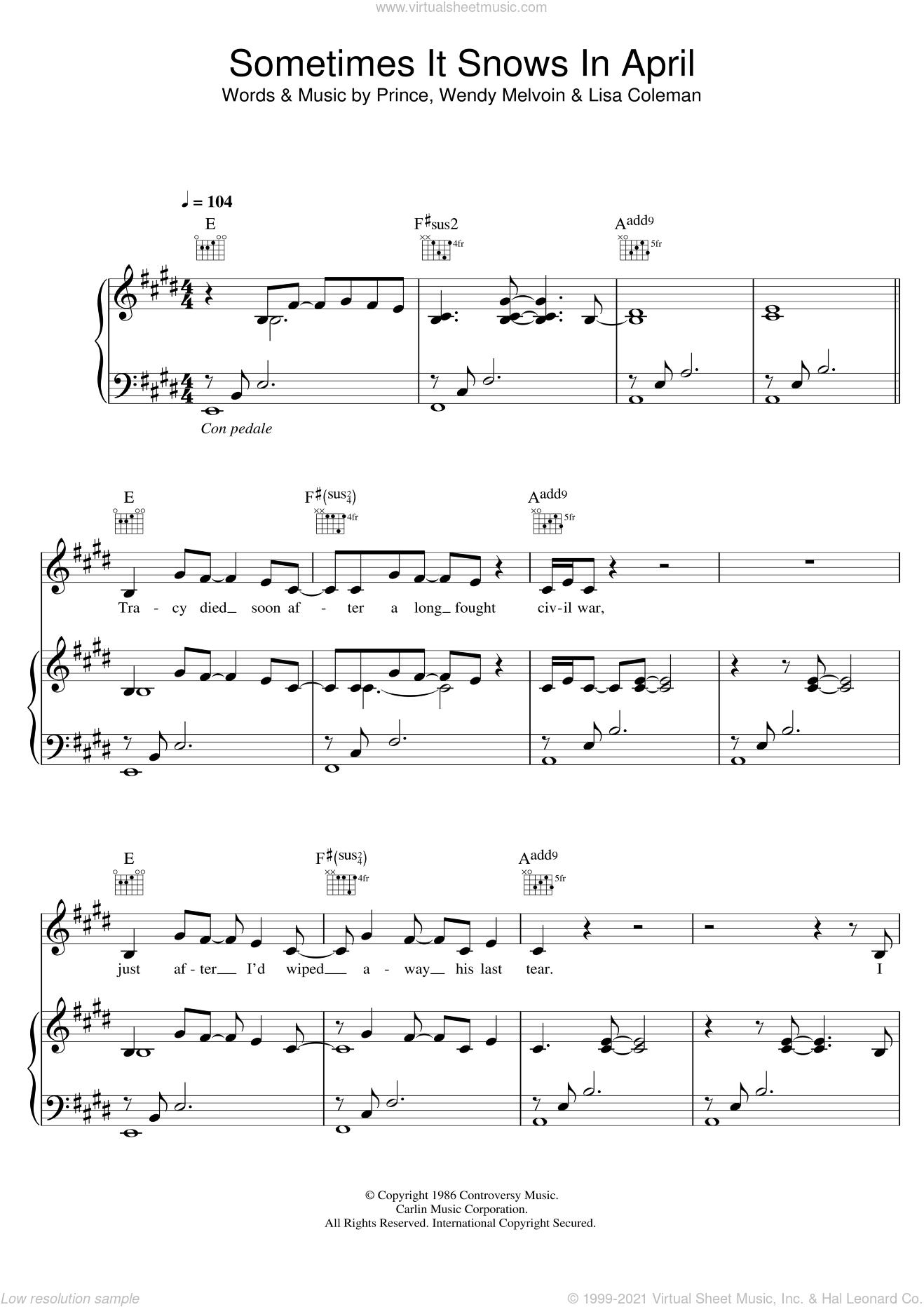 Free sheet music preview of Sometimes It Snows In April for voice, piano or...