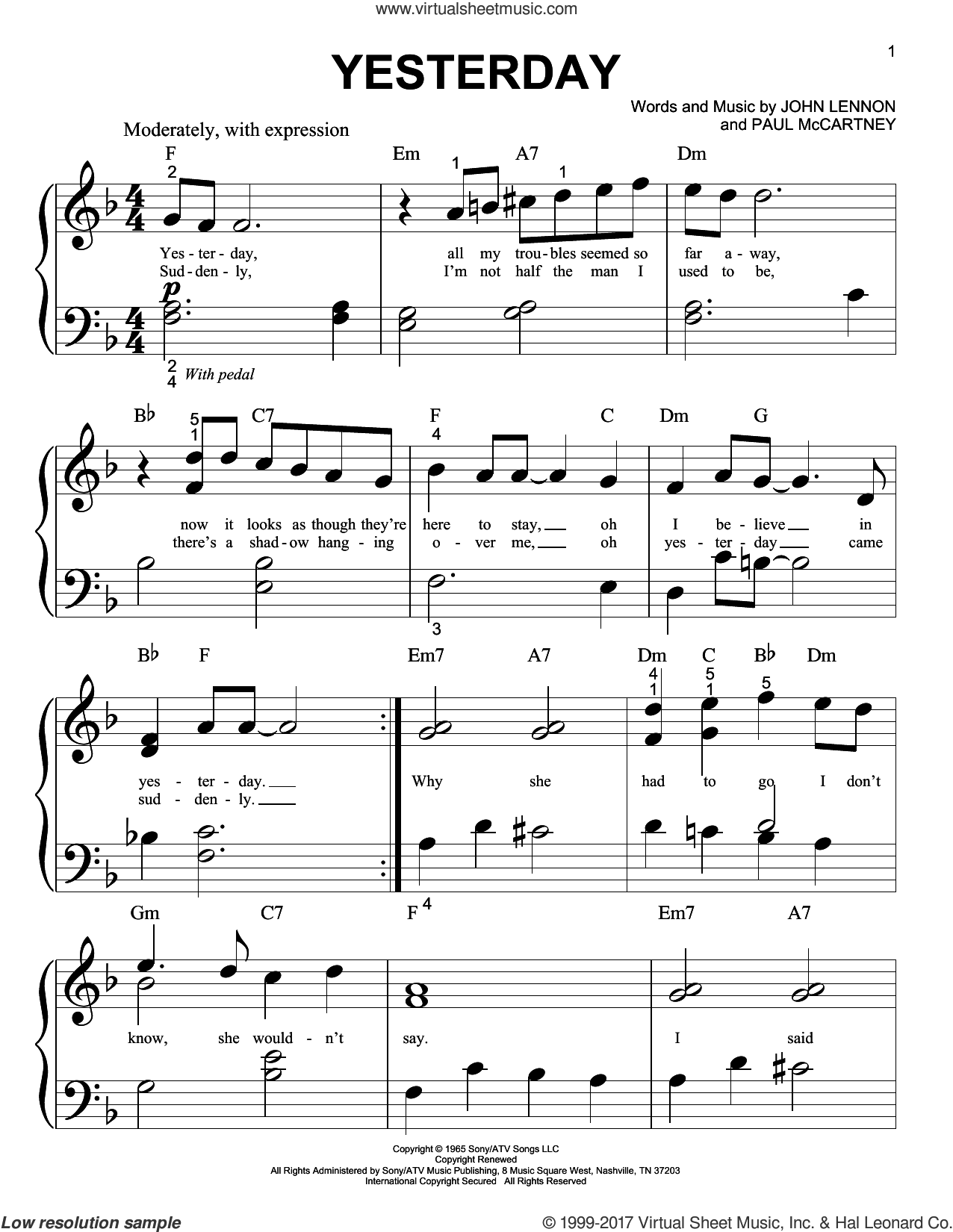 Yesterday sheet music for piano solo (big note book) (PDF)