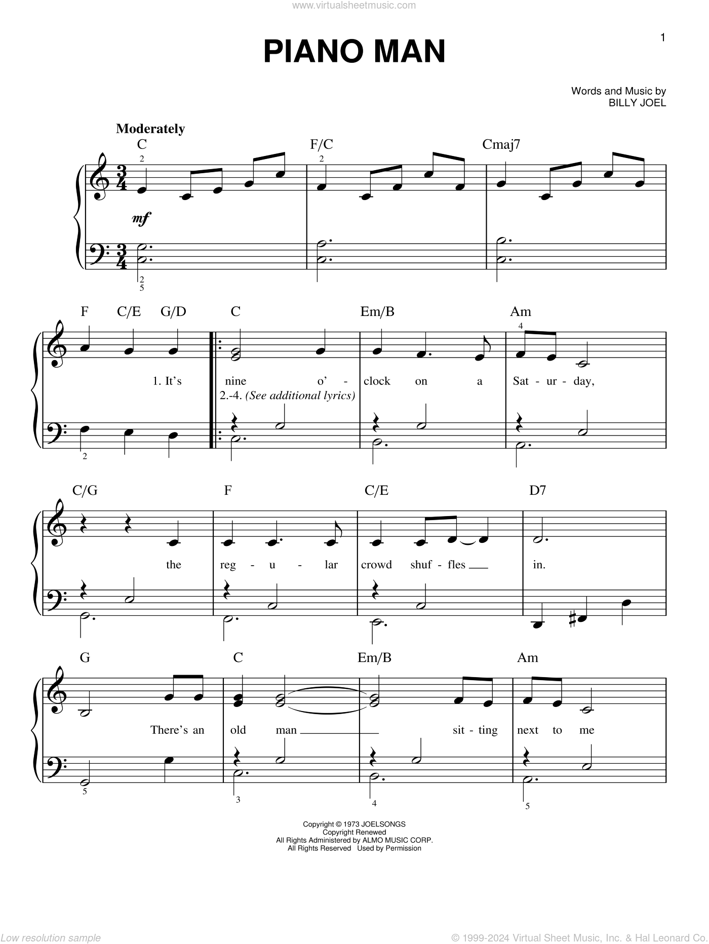 Joel - Piano Man, (beginner) sheet music for piano solo [PDF]