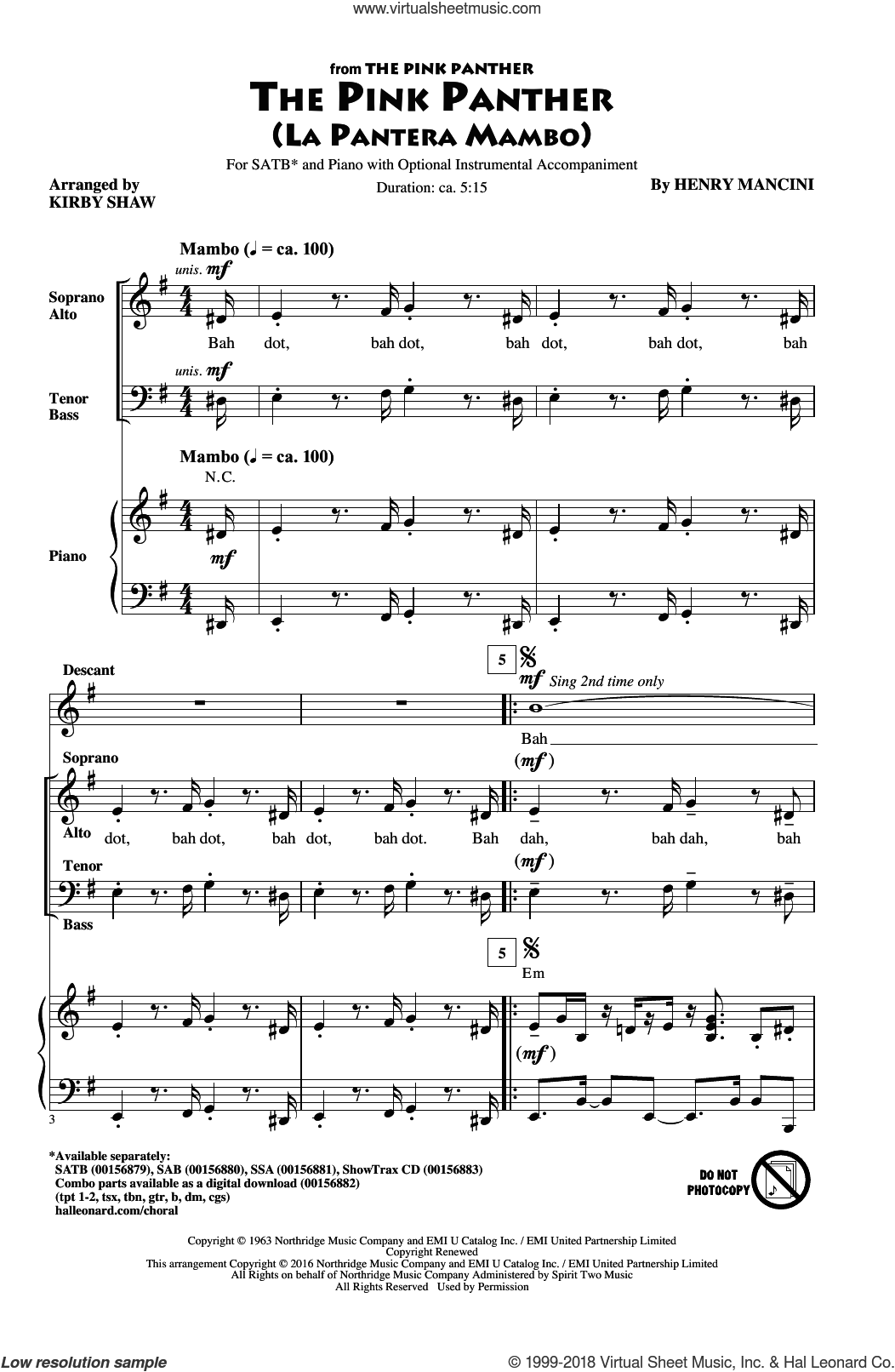 Mancini - The Pink Panther sheet music for choir (SATB: soprano, alto ...