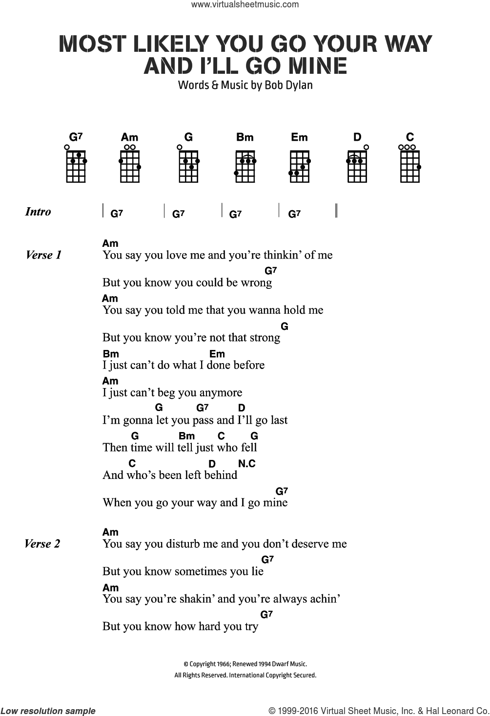 Dylan Most Likely You Go Your Way And I Ll Go Mine Sheet Music For Voice Piano Or Guitar