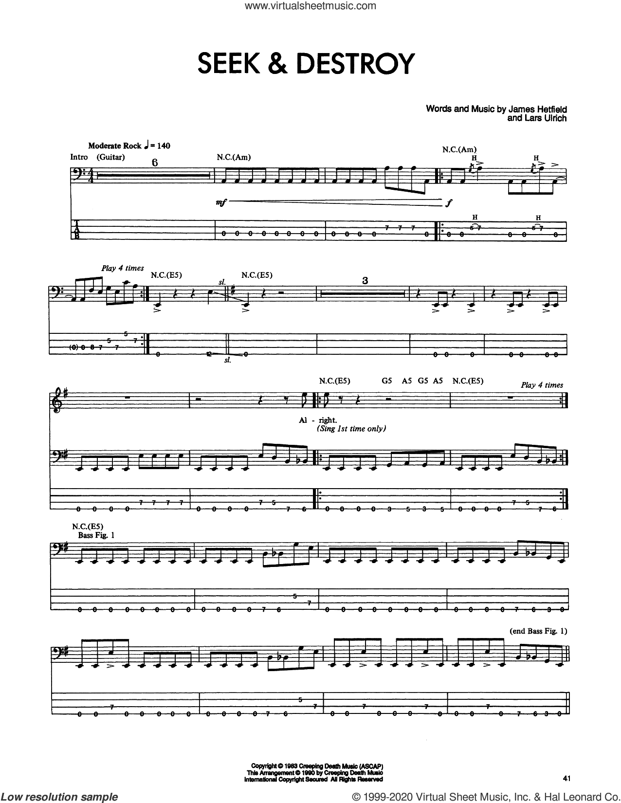 Download & Print Seek and Destroy for bass (tablature) (bass guitar) by...