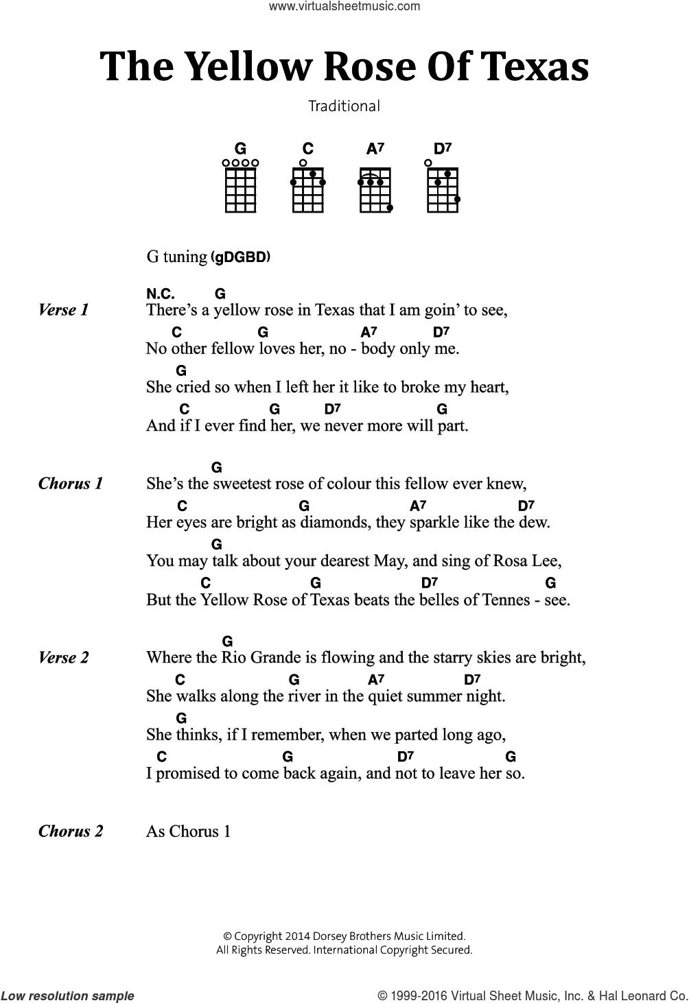 The Yellow Rose Of Texas sheet music for voice, piano or guitar