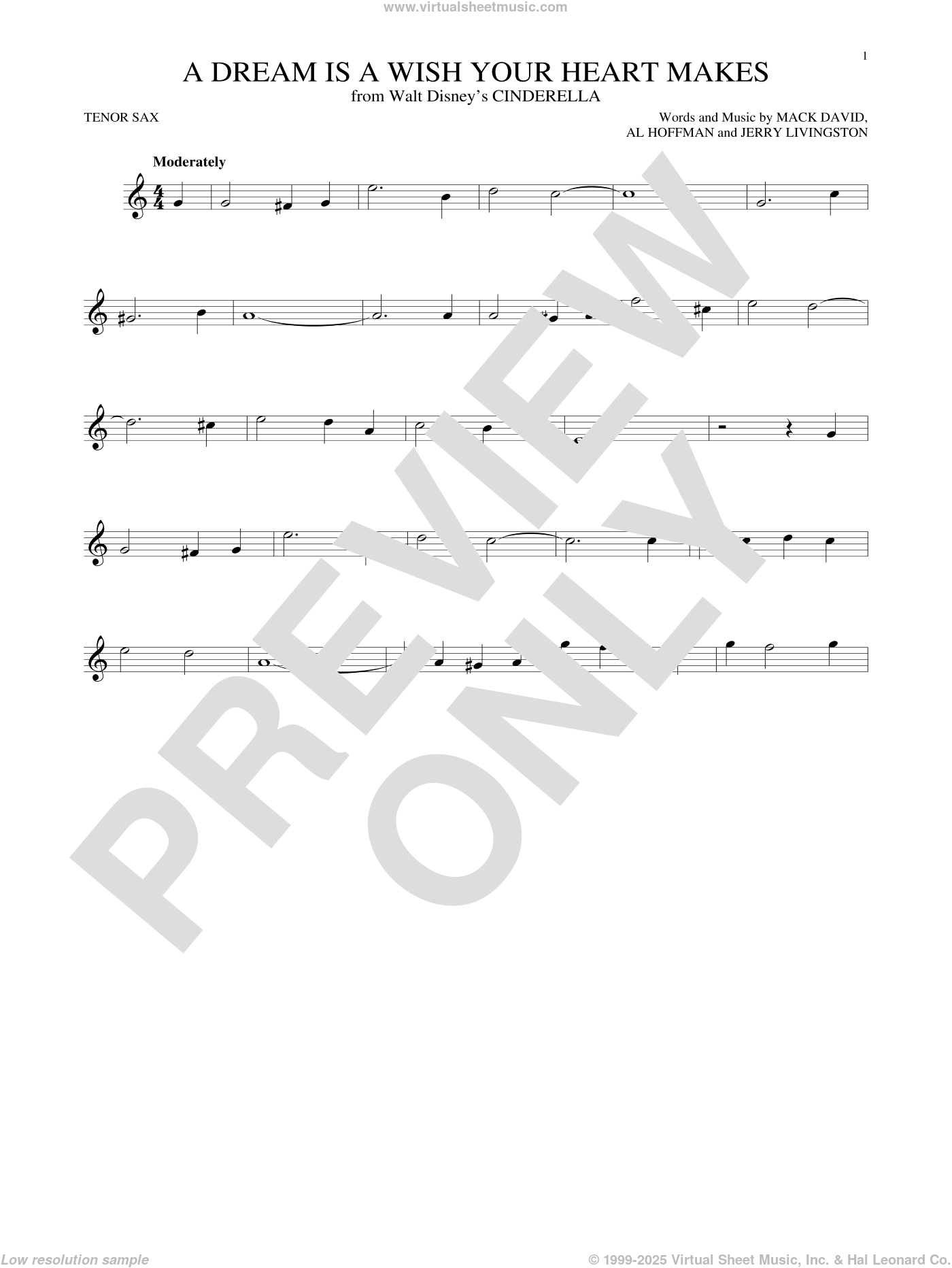 Hoffman A Dream Is A Wish Your Heart Makes Sheet Music For Tenor Saxophone Solo
