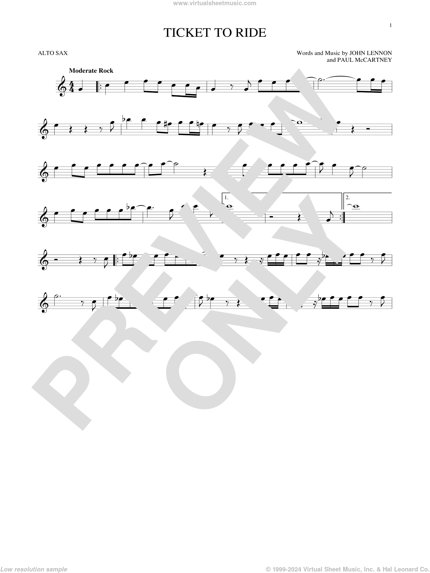 Ticket To Ride sheet music for alto saxophone solo (PDF)