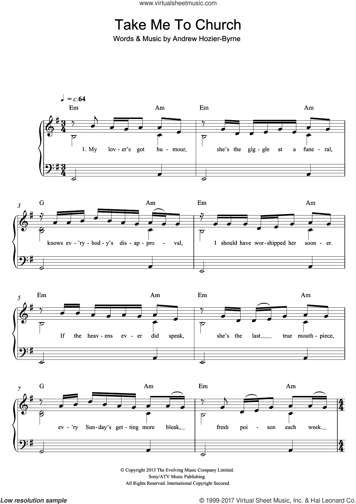 Hozier - Take Me To Church, (easy) sheet music for piano solo