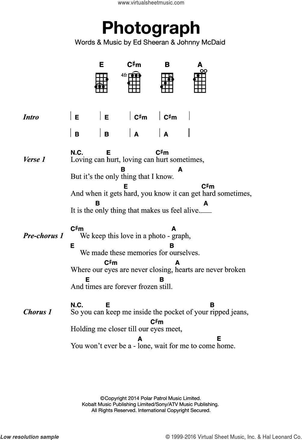 Sheeran - Photograph sheet music for ukulele (PDF)