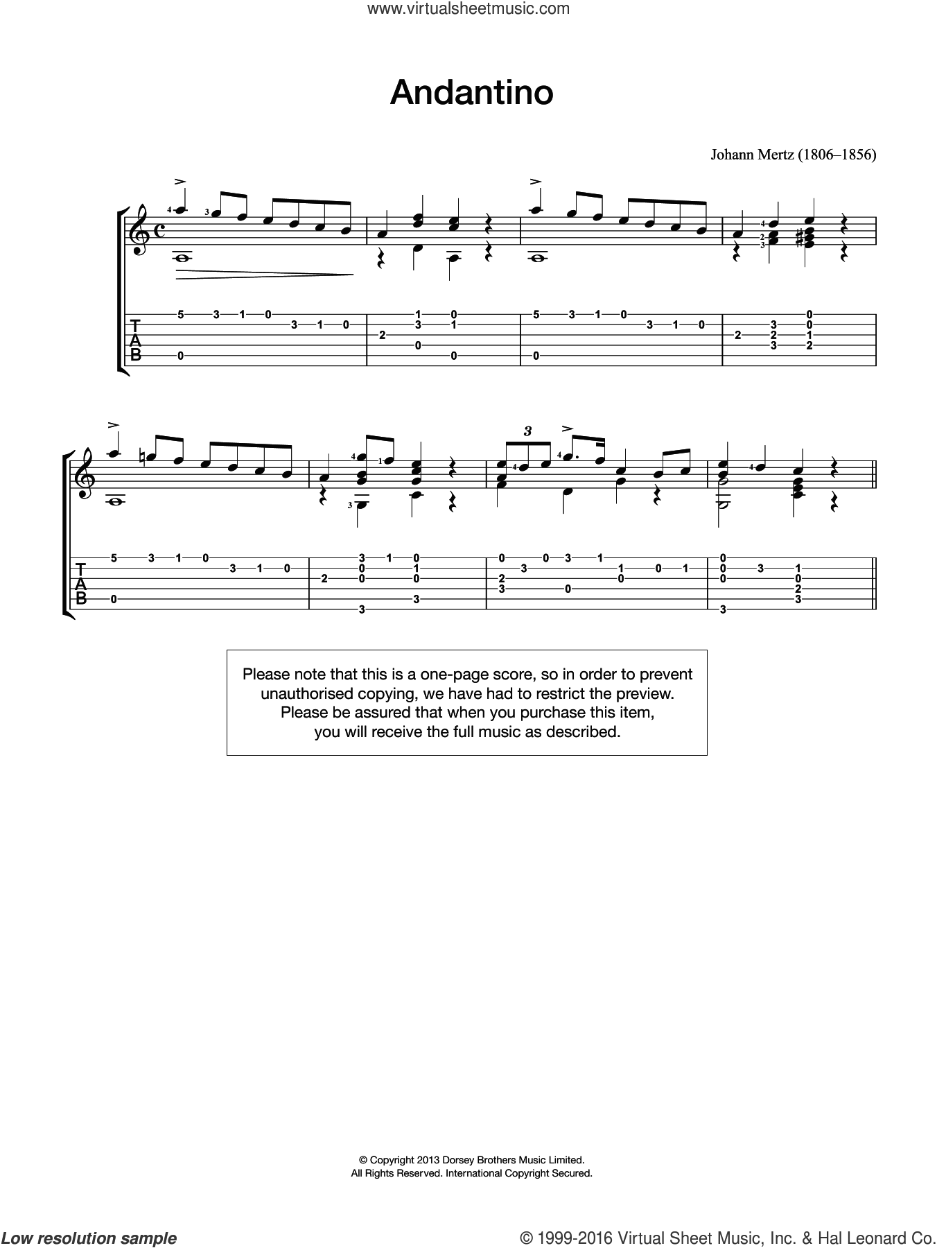 Johann Kaspar Mertz: Andantino sheet music for guitar solo (chords)