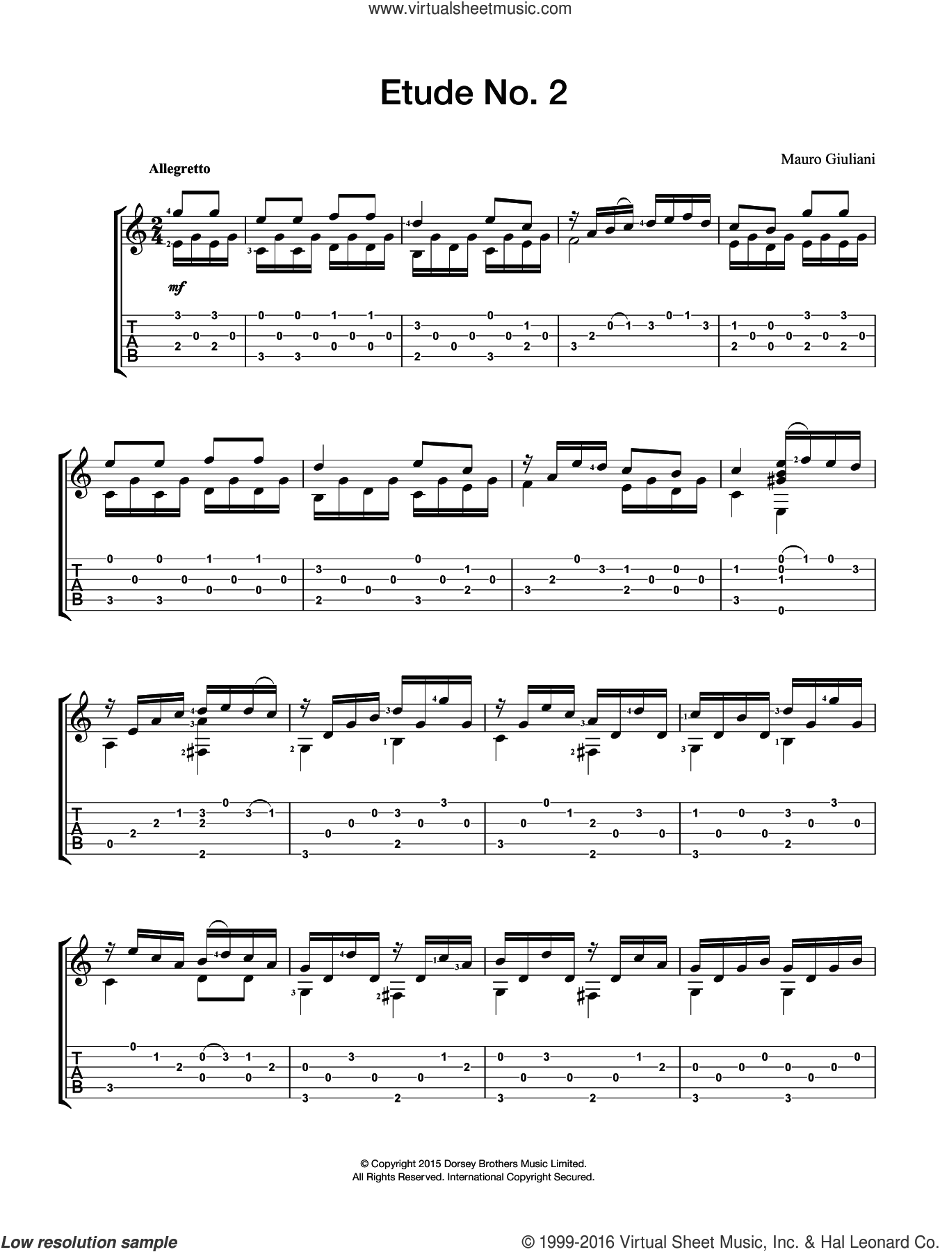 Etude No. 2 sheet music for guitar solo (chords) (PDF)