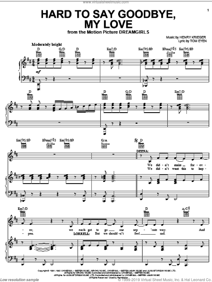 Henry Krieger: Hard To Say Goodbye, My Love sheet music for voice ...