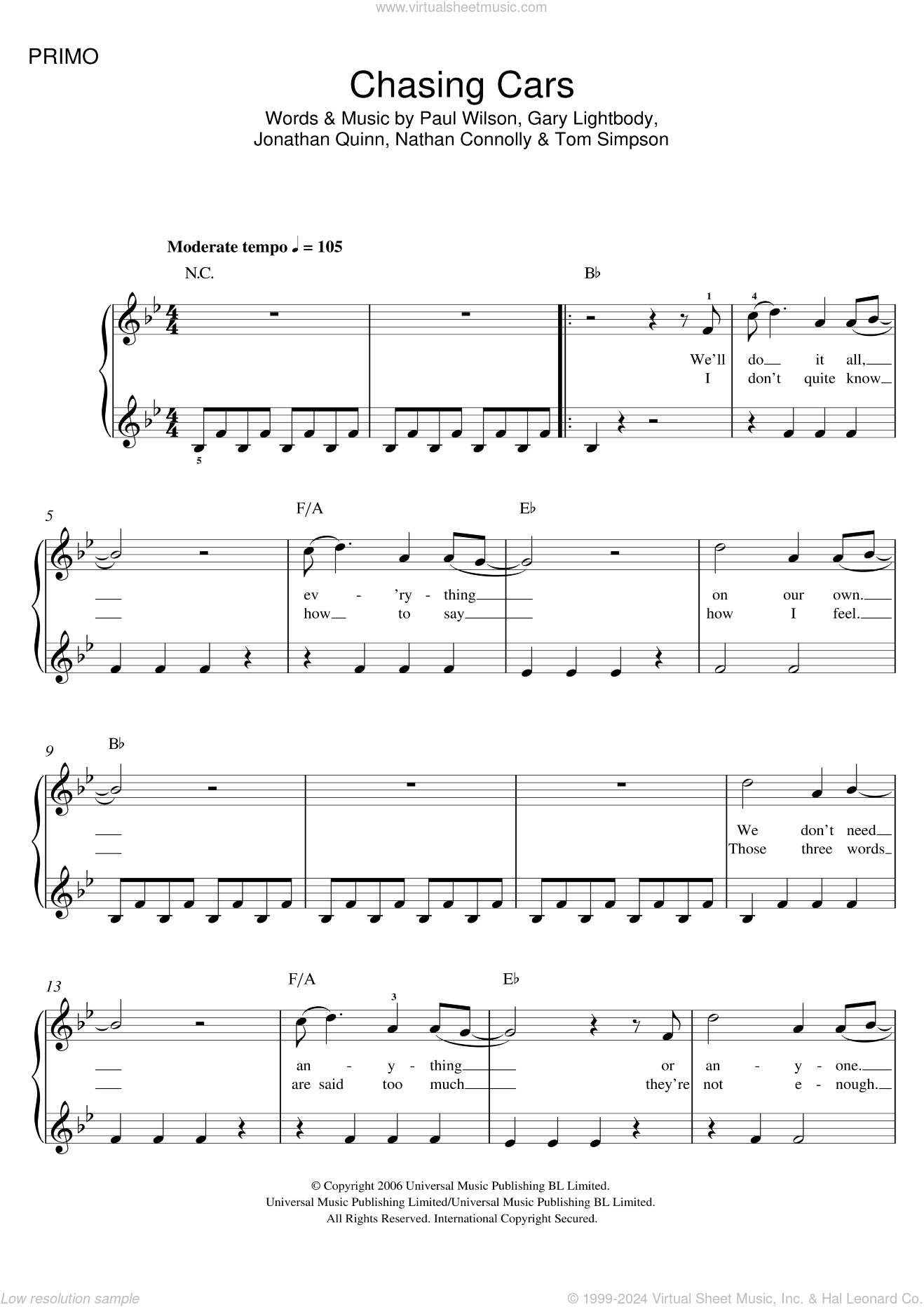 Chasing Cars Sheet Music, Snow Patrol