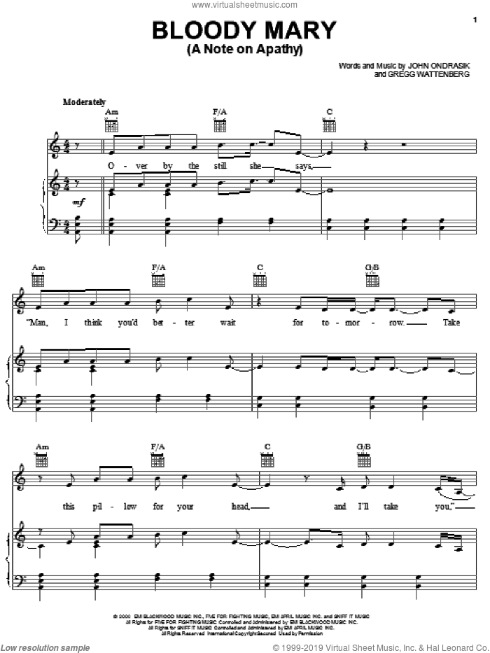 Fighting - Bloody Mary (A Note On Apathy) sheet music for voice, piano