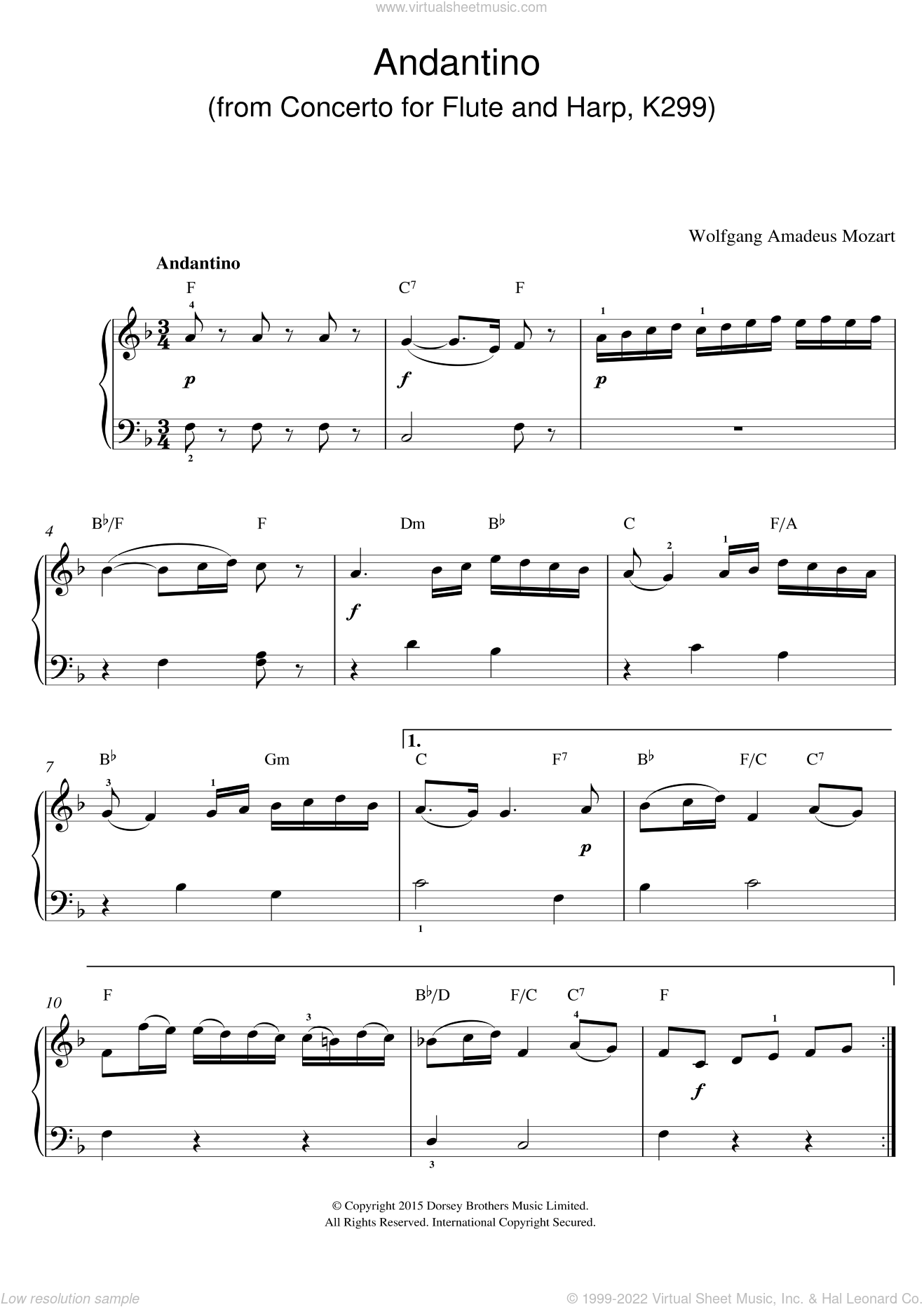 Mozart - Andantino (from Concerto for Flute and Harp, K299) sheet music ...