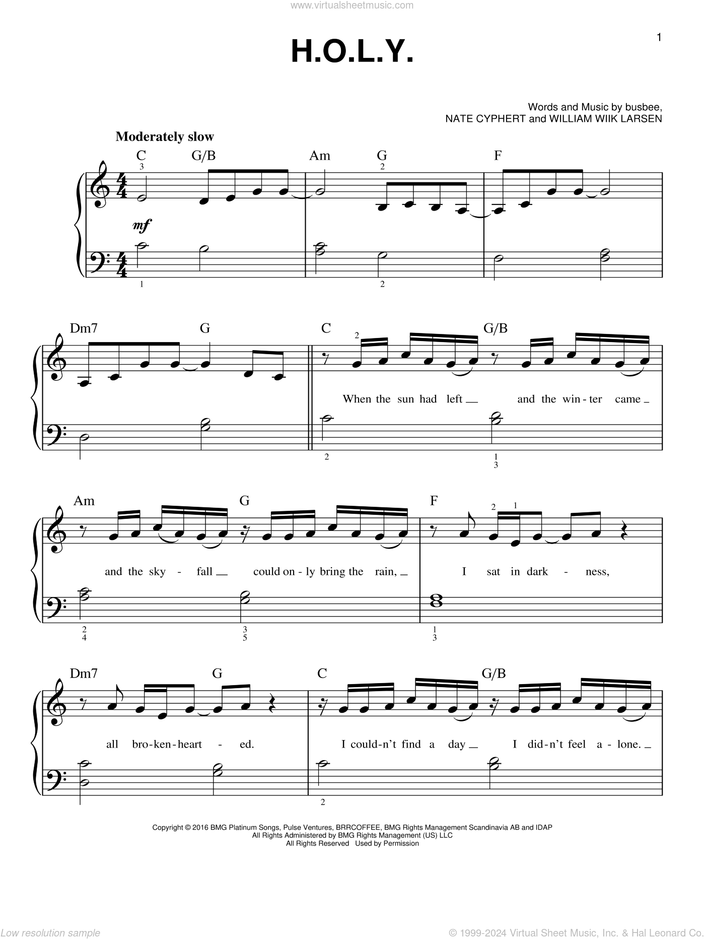 H.O.L.Y., (beginner) sheet music for piano solo (PDF-interactive)