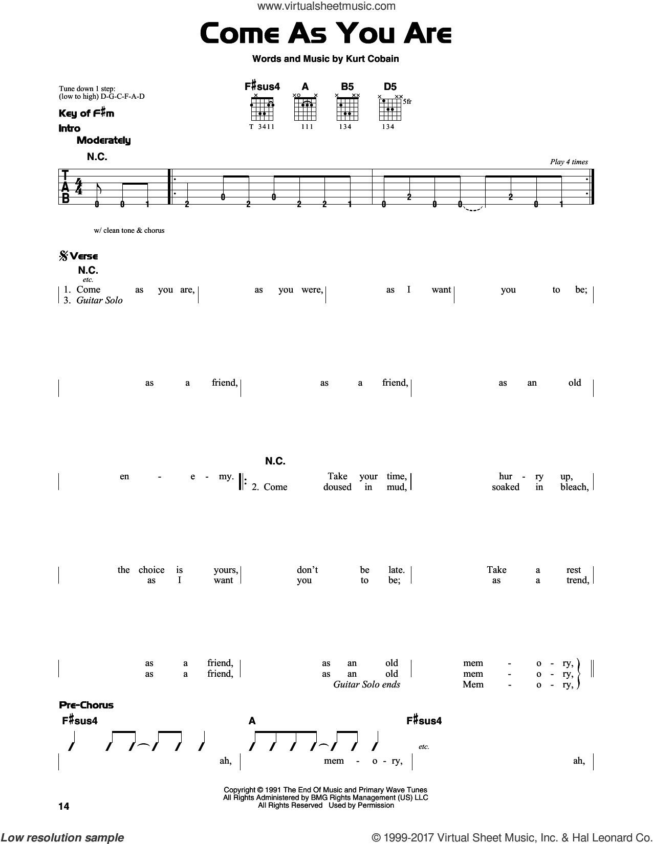 Nirvana Come As You Are Sheet Music Intermediate For Guitar Solo 