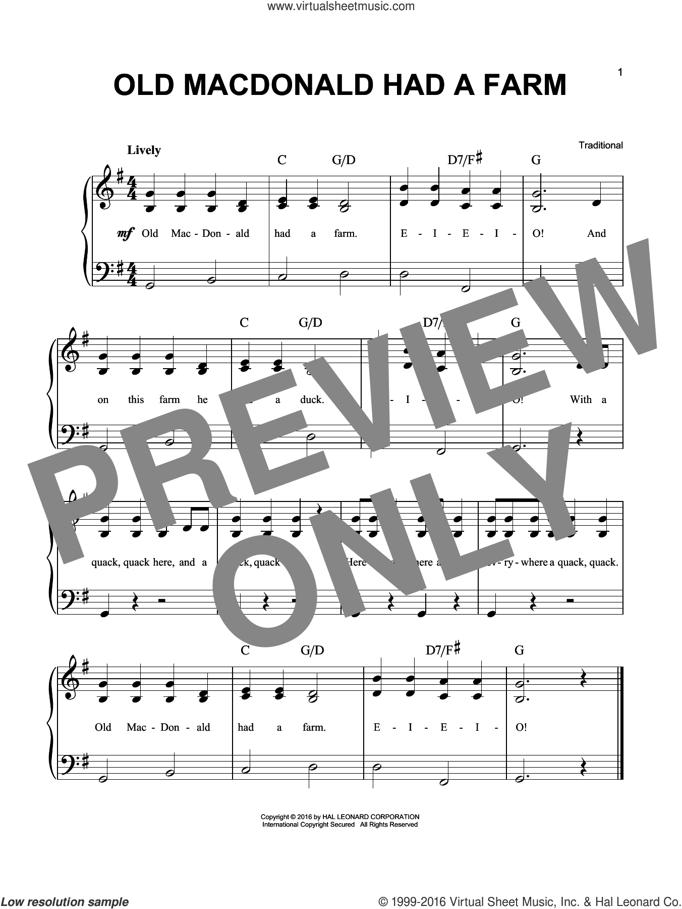 Old Macdonald Had A Farm sheet music (easy) for piano solo (PDF)
