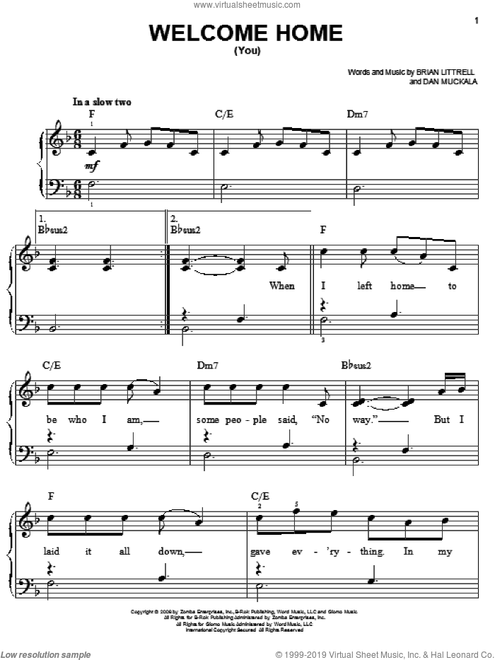 Welcome Home (You) sheet music for piano solo (PDF-interactive)