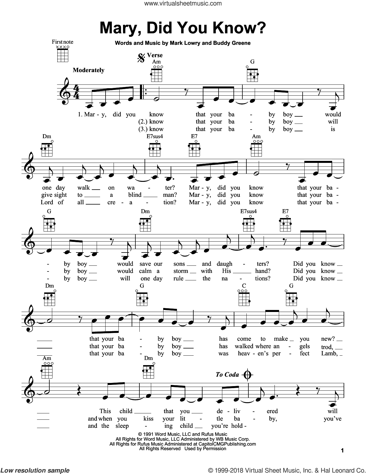 Lowry - Mary, Did You Know? sheet music for ukulele PDF